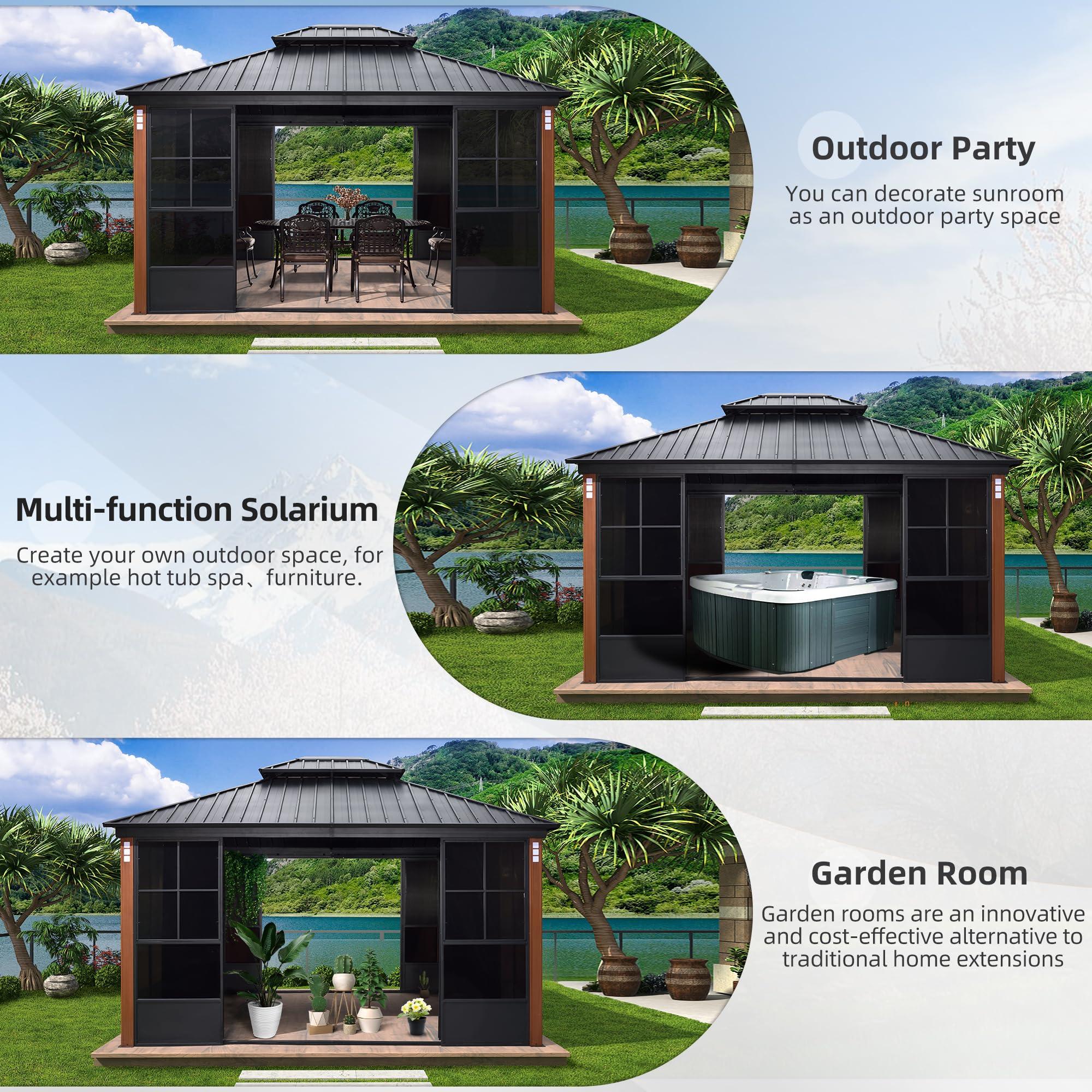 PURPLE LEAF Sunroom Hardtop Gazebo Solarium Wood Grain Galvanized Steel Double Roof All-Weather Aluminum Outdoor Screen House - Image 11