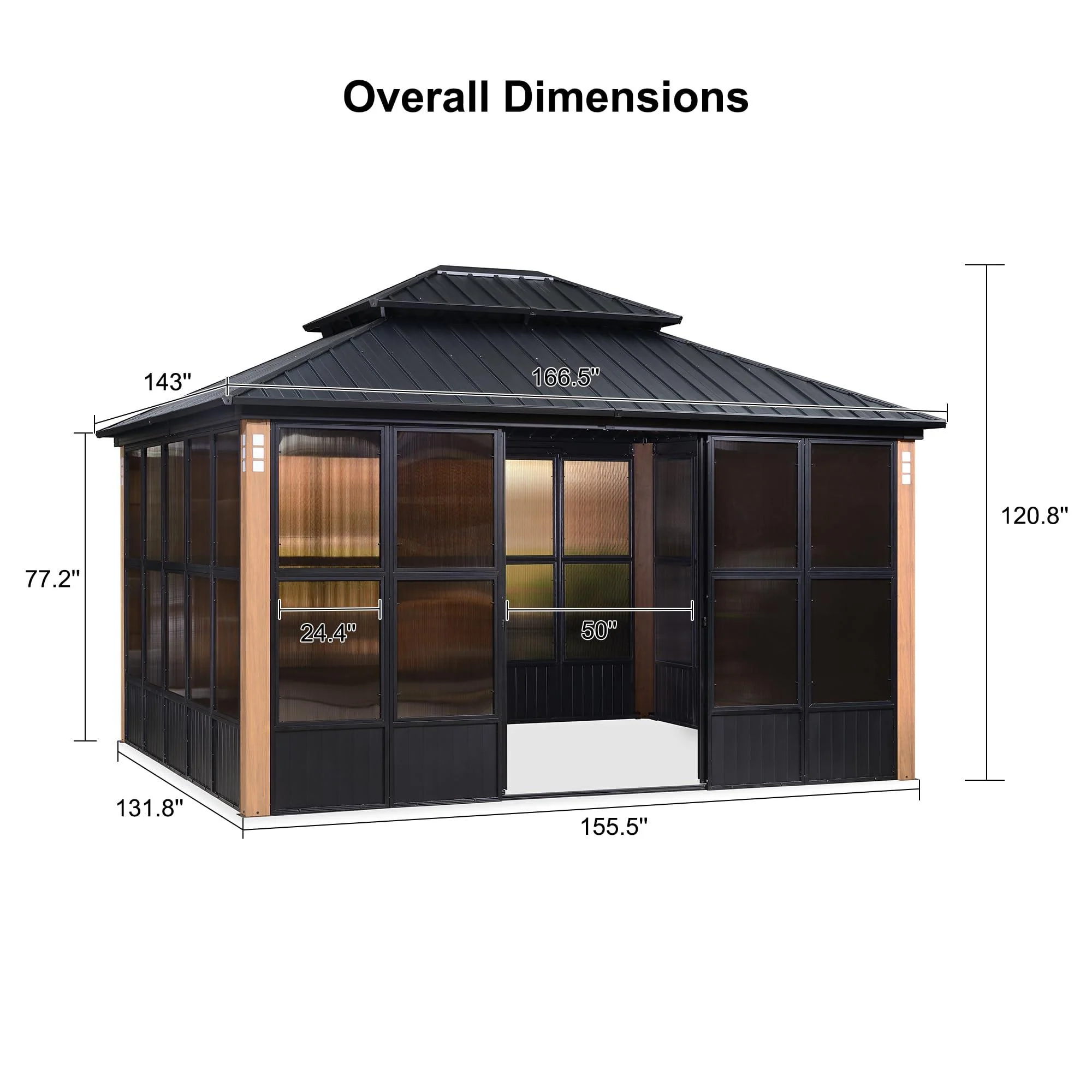 PURPLE LEAF Sunroom Hardtop Gazebo Solarium Wood Grain Galvanized Steel Double Roof All-Weather Aluminum Outdoor Screen House - Image 13
