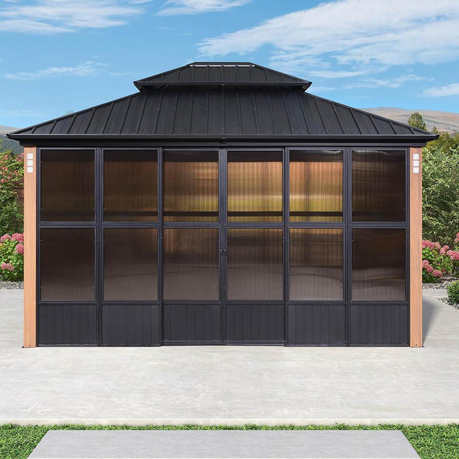 PURPLE LEAF Sunroom Hardtop Gazebo Solarium Wood Grain Galvanized Steel Double Roof All-Weather Aluminum Outdoor Screen House - Image 19