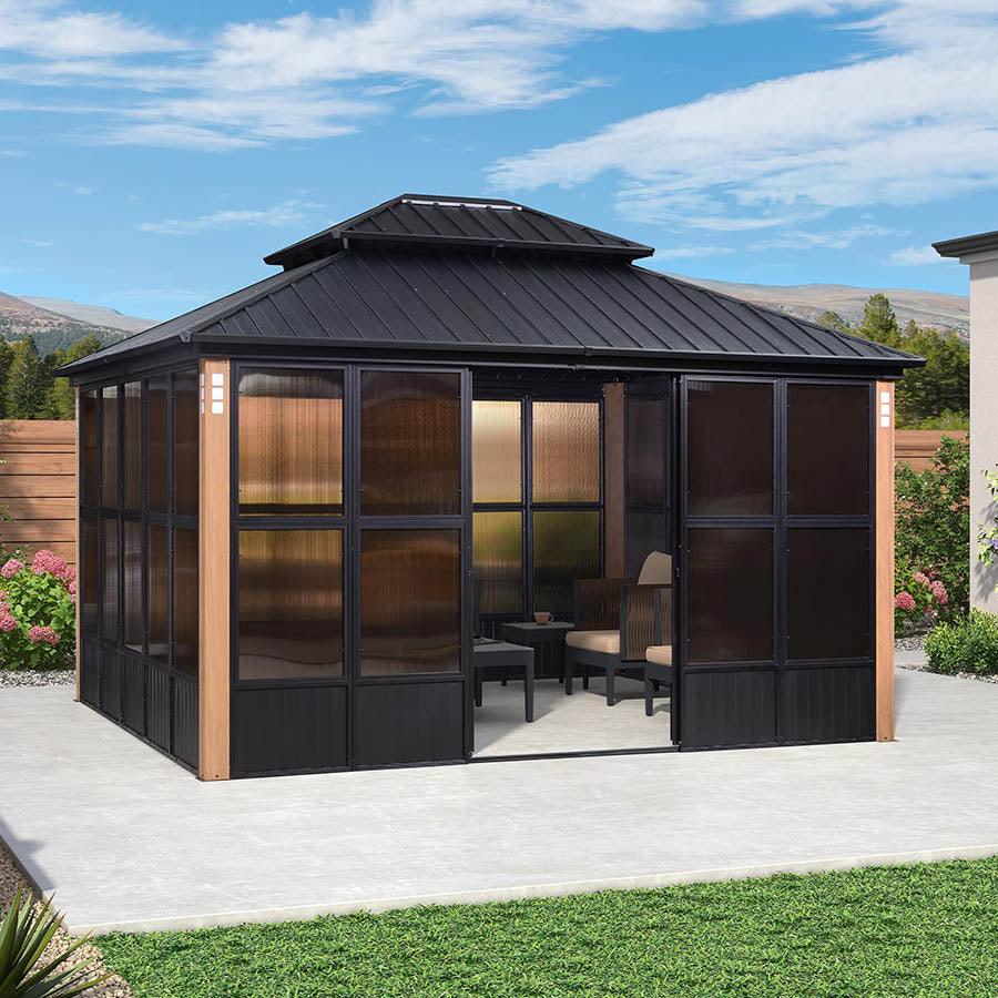 PURPLE LEAF Sunroom Hardtop Gazebo Solarium Wood Grain Galvanized Steel Double Roof All-Weather Aluminum Outdoor Screen House - Image 20