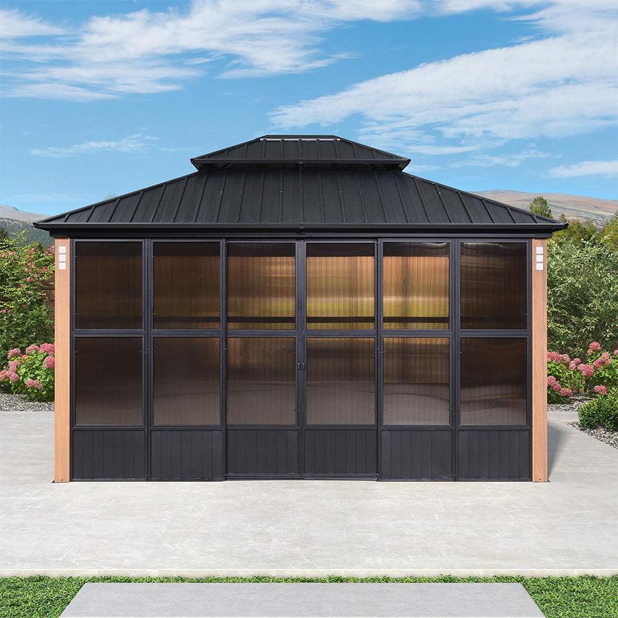 PURPLE LEAF Sunroom Hardtop Gazebo Solarium Wood Grain Galvanized Steel Double Roof All-Weather Aluminum Outdoor Screen House - Image 21
