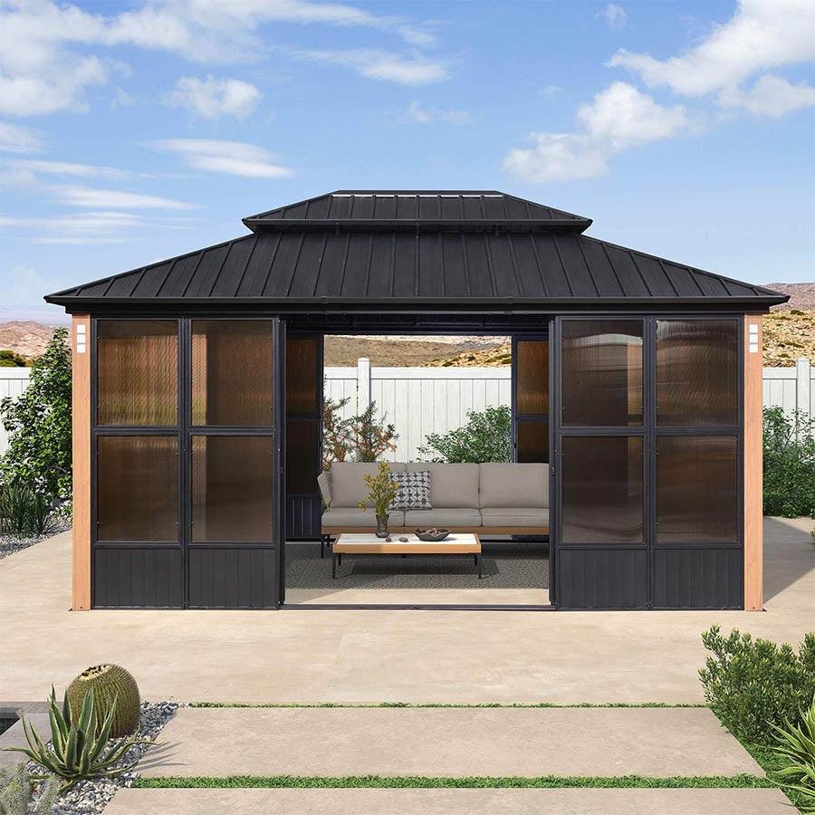 PURPLE LEAF Sunroom Hardtop Gazebo Solarium Wood Grain Galvanized Steel Double Roof All-Weather Aluminum Outdoor Screen House - Image 23