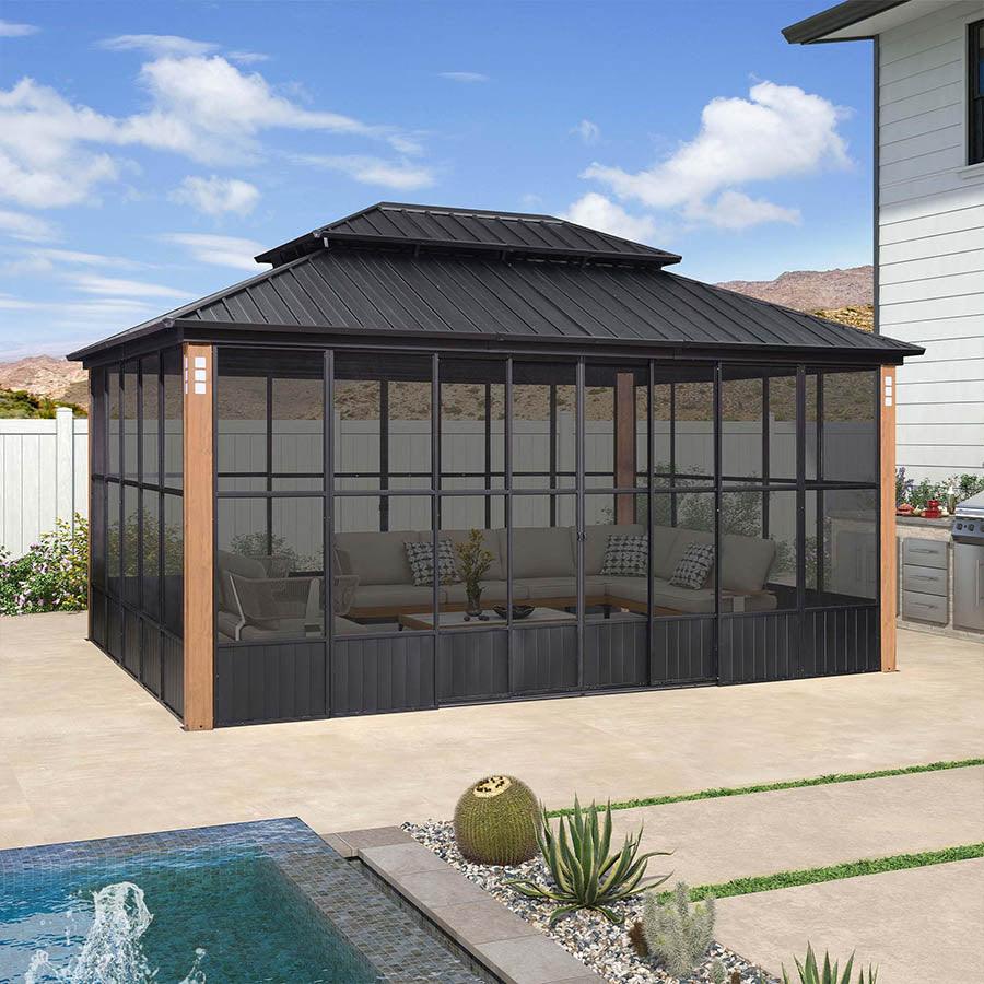 PURPLE LEAF Sunroom Hardtop Gazebo Solarium Wood Grain Galvanized Steel Double Roof All-Weather Aluminum Outdoor Screen House - Image 26