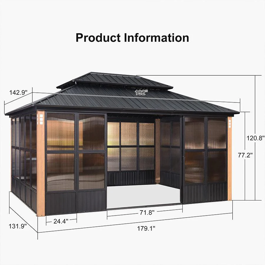 PURPLE LEAF Sunroom Hardtop Gazebo Solarium Wood Grain Galvanized Steel Double Roof All-Weather Aluminum Outdoor Screen House - Image 28