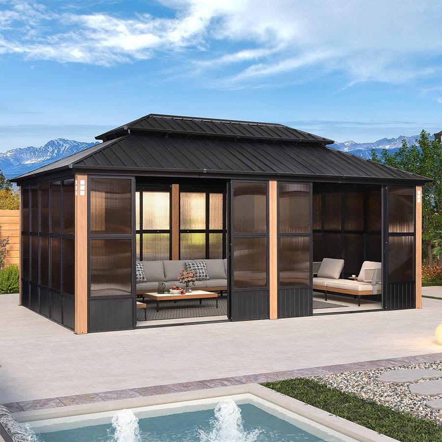 PURPLE LEAF Sunroom Hardtop Gazebo Solarium Wood Grain Galvanized Steel Double Roof All-Weather Aluminum Outdoor Screen House - Image 29