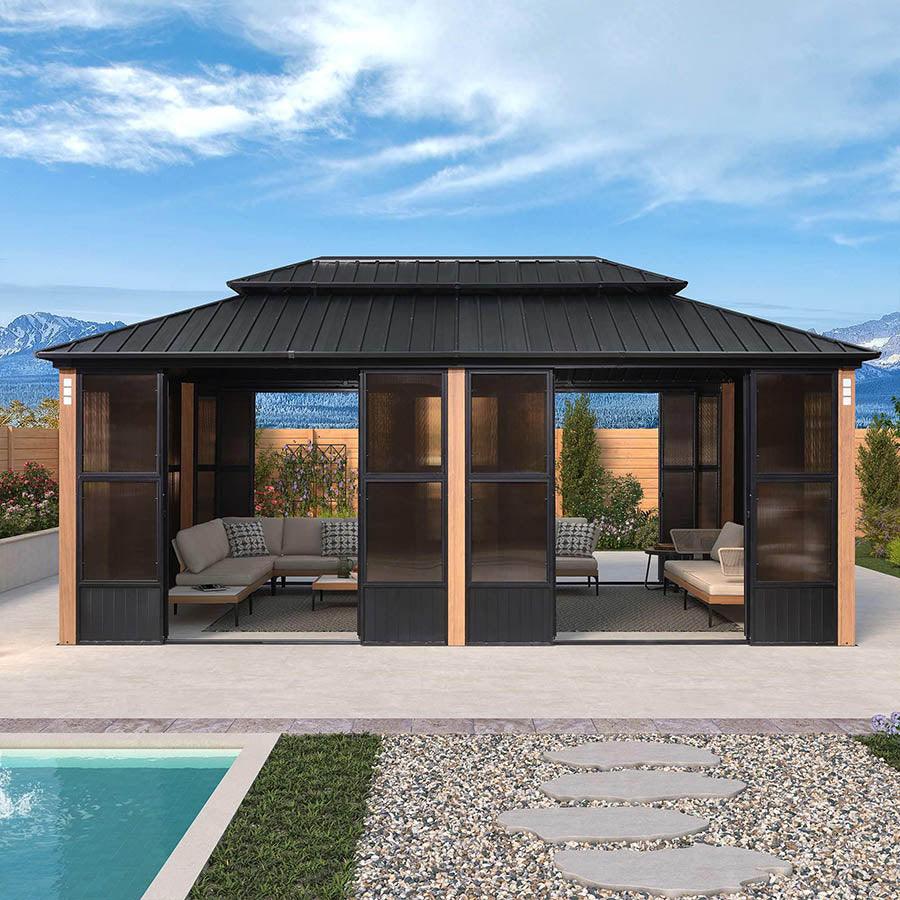 PURPLE LEAF Sunroom Hardtop Gazebo Solarium Wood Grain Galvanized Steel Double Roof All-Weather Aluminum Outdoor Screen House - Image 30
