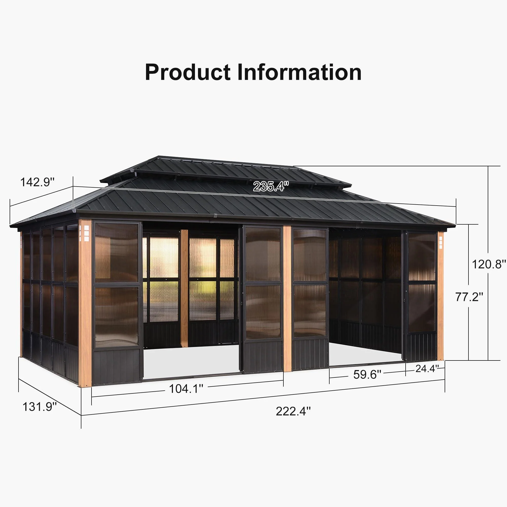 PURPLE LEAF Sunroom Hardtop Gazebo Solarium Wood Grain Galvanized Steel Double Roof All-Weather Aluminum Outdoor Screen House - Image 31