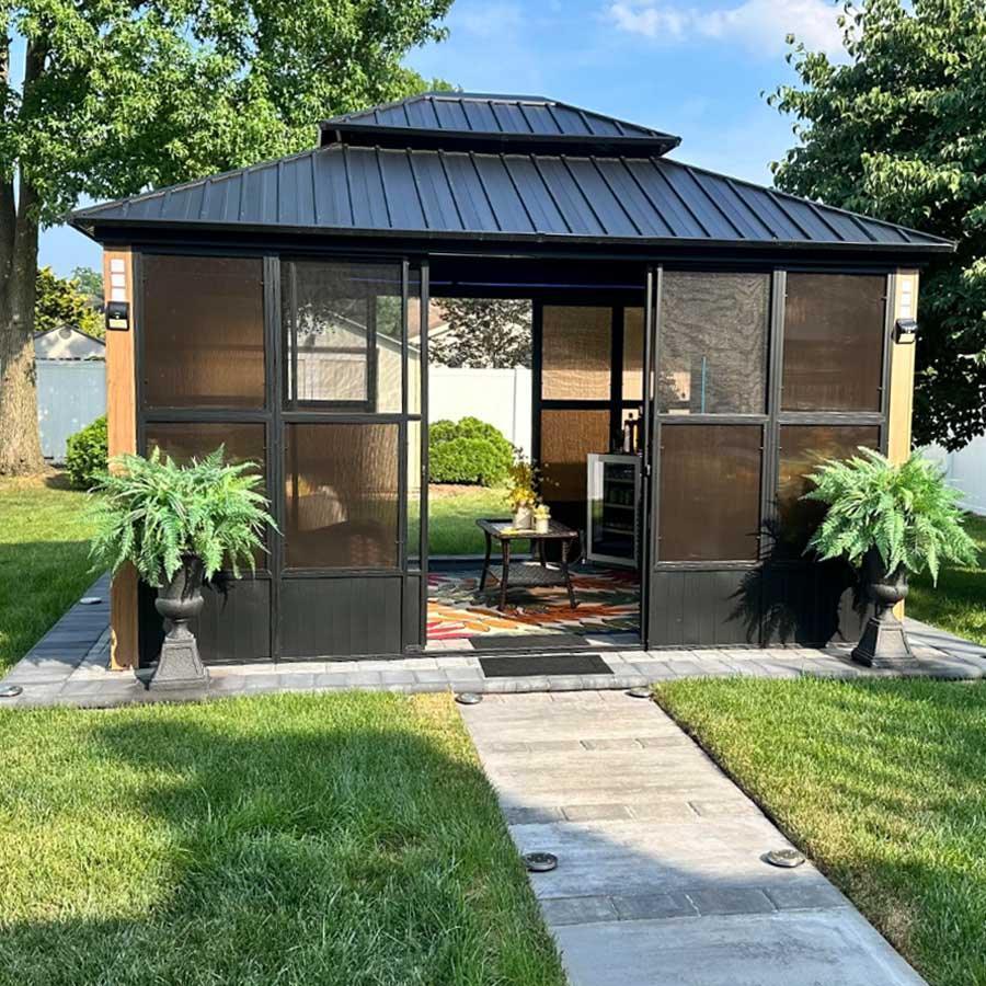 PURPLE LEAF Sunroom Hardtop Gazebo Solarium Wood Grain Galvanized Steel Double Roof All-Weather Aluminum Outdoor Screen House - Image 33