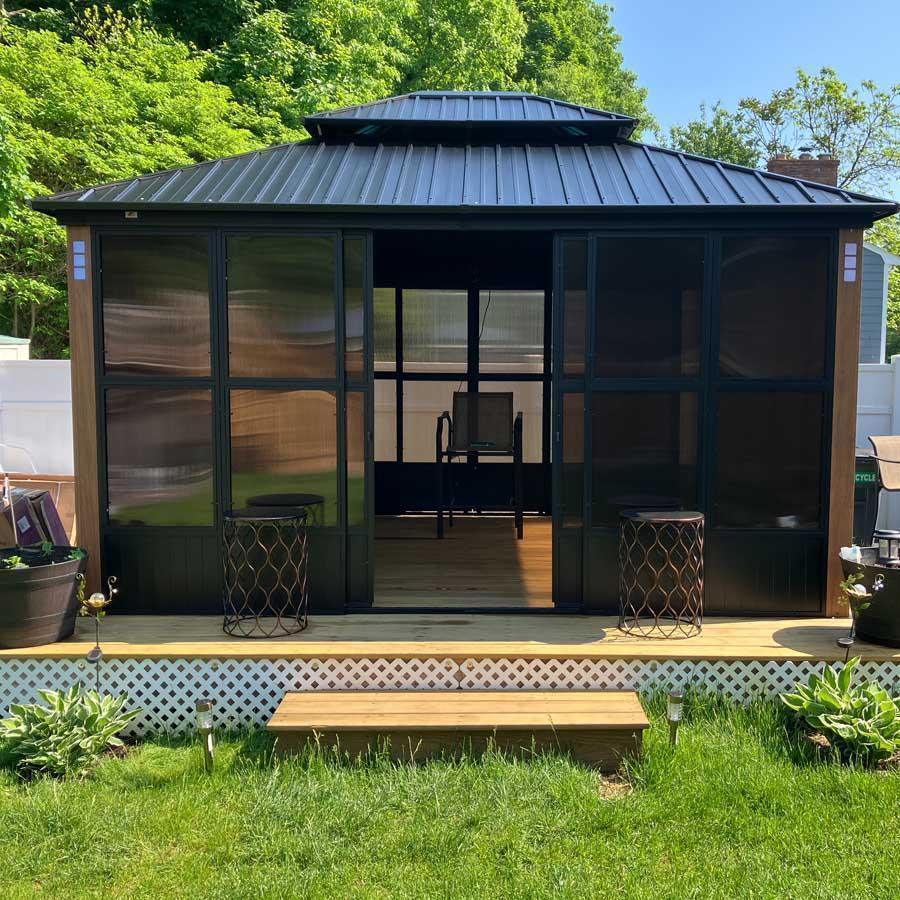 PURPLE LEAF Sunroom Hardtop Gazebo Solarium Wood Grain Galvanized Steel Double Roof All-Weather Aluminum Outdoor Screen House - Image 36