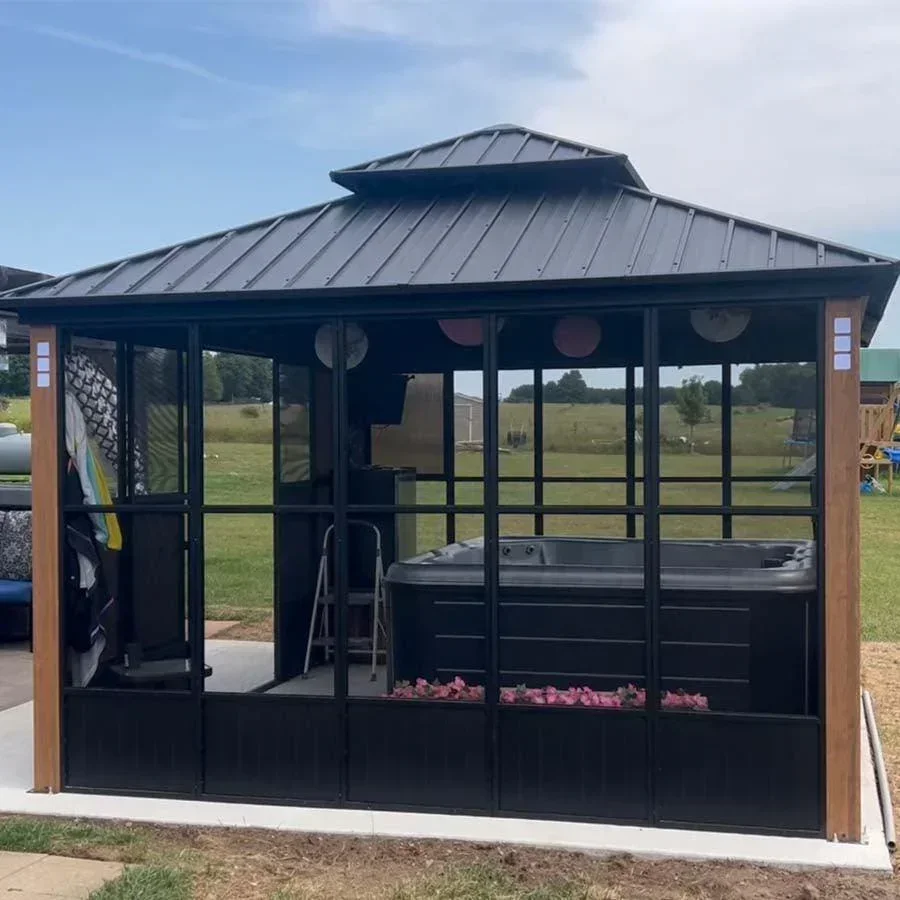 PURPLE LEAF Sunroom Hardtop Gazebo Solarium Wood Grain Galvanized Steel Double Roof All-Weather Aluminum Outdoor Screen House - Image 40