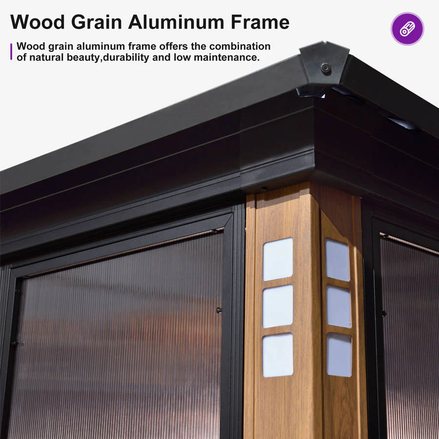 PURPLE LEAF Sunroom Hardtop Gazebo Solarium Wood Grain Galvanized Steel Double Roof All-Weather Aluminum Outdoor Screen House - Image 45