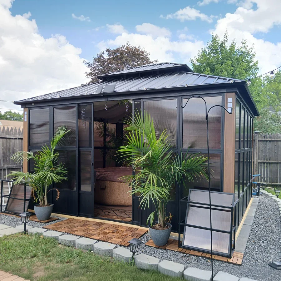 PURPLE LEAF Sunroom Hardtop Gazebo Solarium Wood Grain Galvanized Steel Double Roof All-Weather Aluminum Outdoor Screen House - Image 49