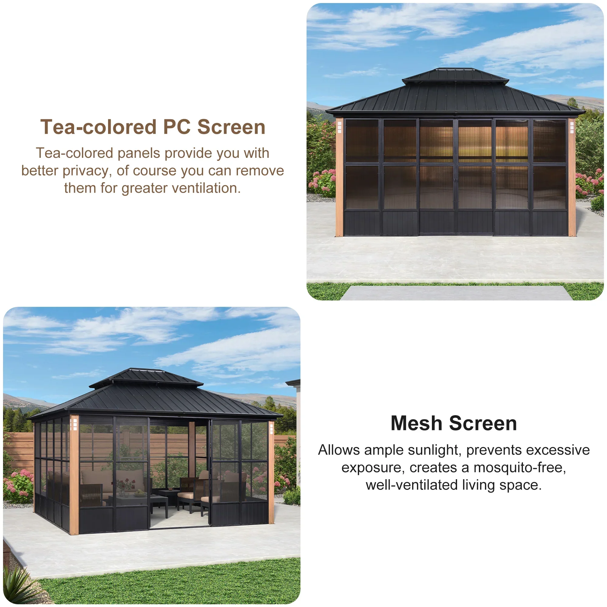 PURPLE LEAF Sunroom Hardtop Gazebo Solarium Wood Grain Galvanized Steel Double Roof All-Weather Aluminum Outdoor Screen House - Image 52
