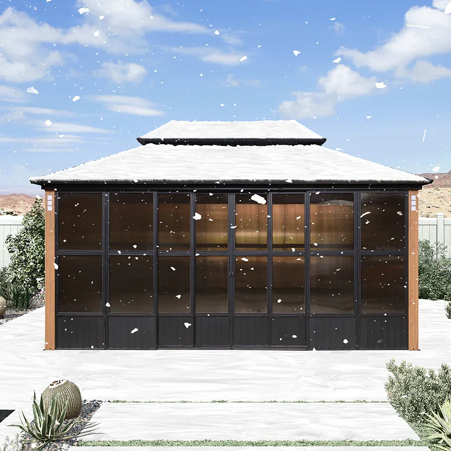 PURPLE LEAF Sunroom Hardtop Gazebo Solarium Wood Grain Galvanized Steel Double Roof All-Weather Aluminum Outdoor Screen House - Image 53