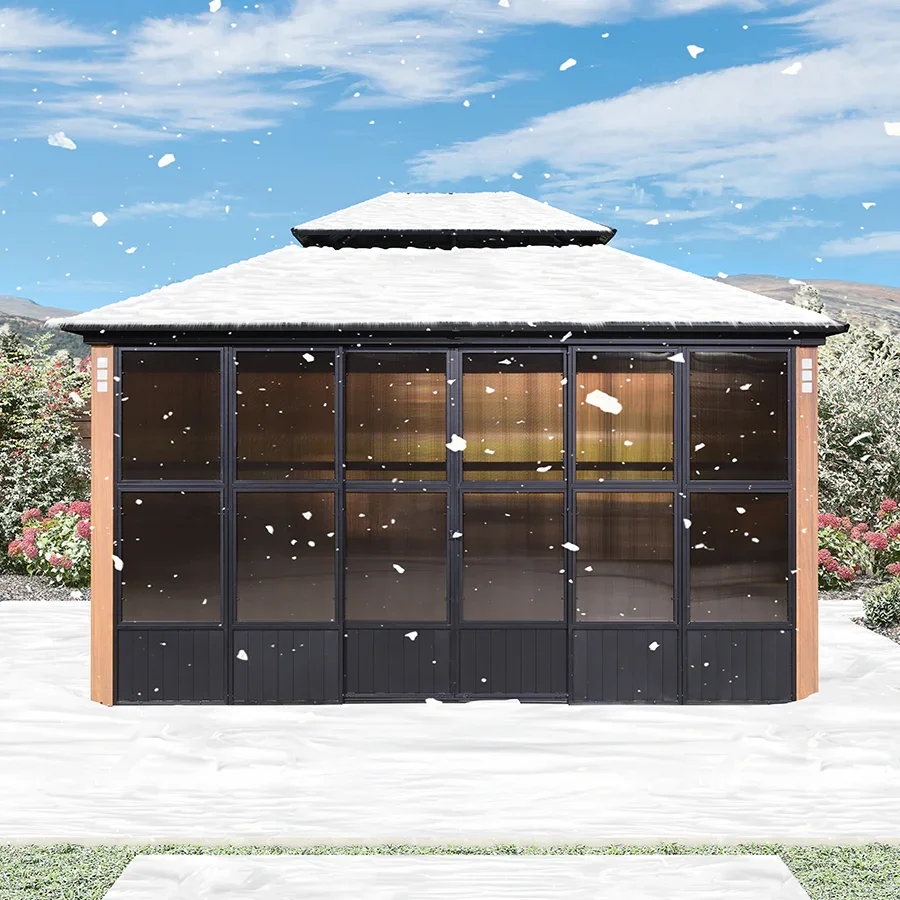 PURPLE LEAF Sunroom Hardtop Gazebo Solarium Wood Grain Galvanized Steel Double Roof All-Weather Aluminum Outdoor Screen House - Image 54