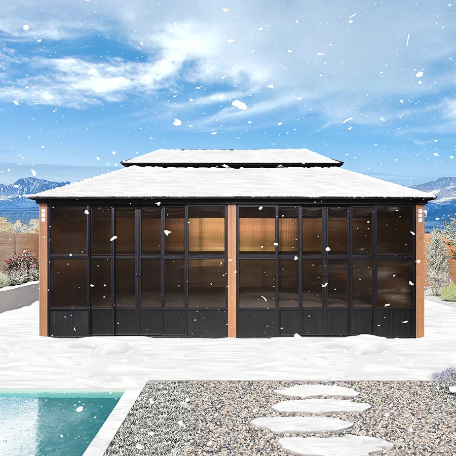PURPLE LEAF Sunroom Hardtop Gazebo Solarium Wood Grain Galvanized Steel Double Roof All-Weather Aluminum Outdoor Screen House - Image 55