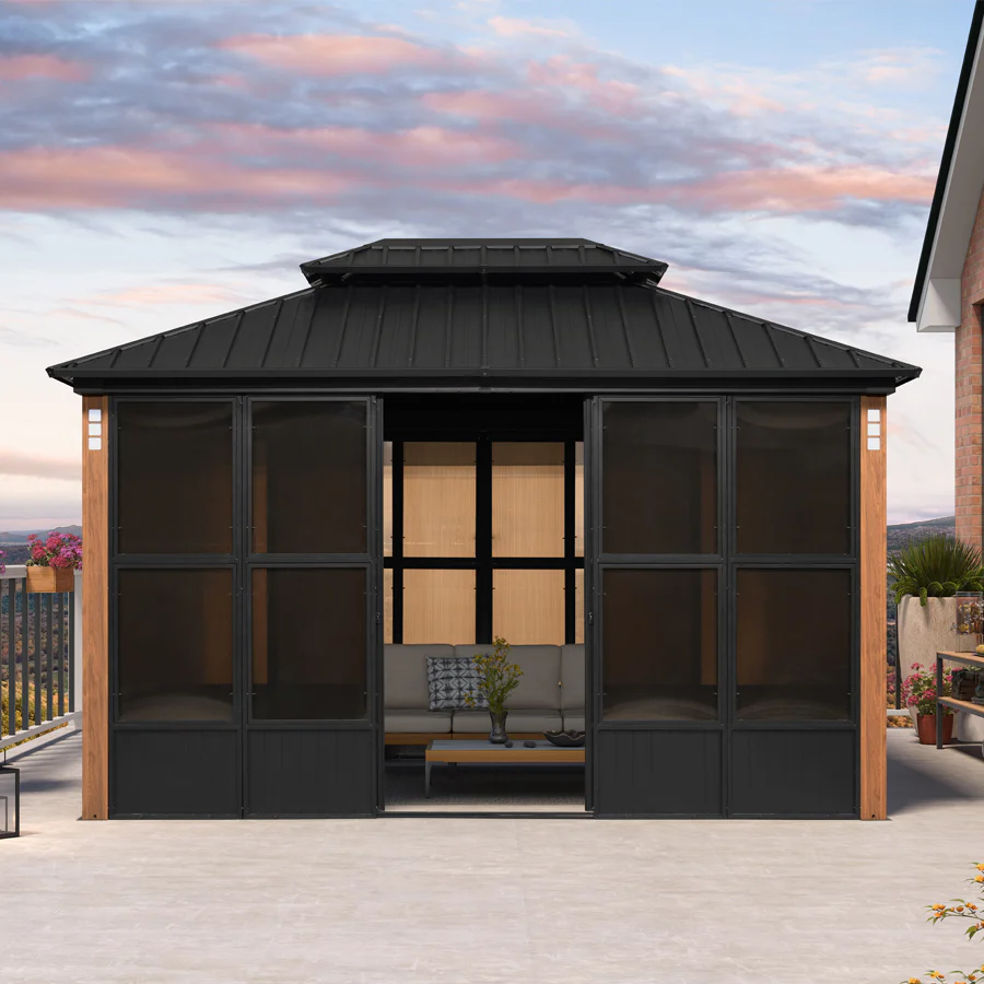 PURPLE LEAF Sunroom Hardtop Gazebo Solarium Wood Grain Galvanized Steel Double Roof All-Weather Aluminum Outdoor Screen House - Image 57