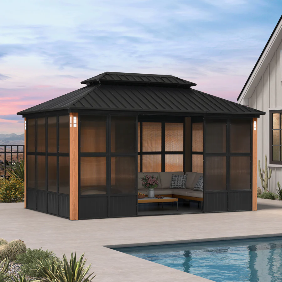 PURPLE LEAF Sunroom Hardtop Gazebo Solarium Wood Grain Galvanized Steel Double Roof All-Weather Aluminum Outdoor Screen House - Image 58