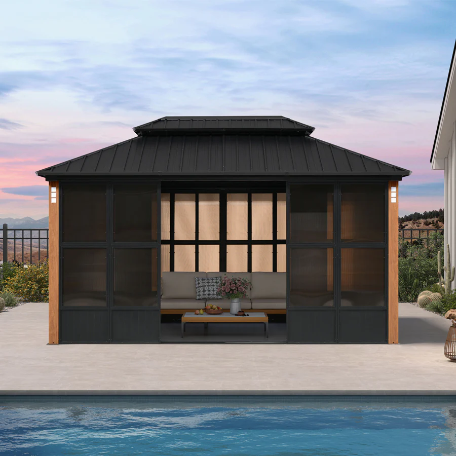 PURPLE LEAF Sunroom Hardtop Gazebo Solarium Wood Grain Galvanized Steel Double Roof All-Weather Aluminum Outdoor Screen House - Image 59