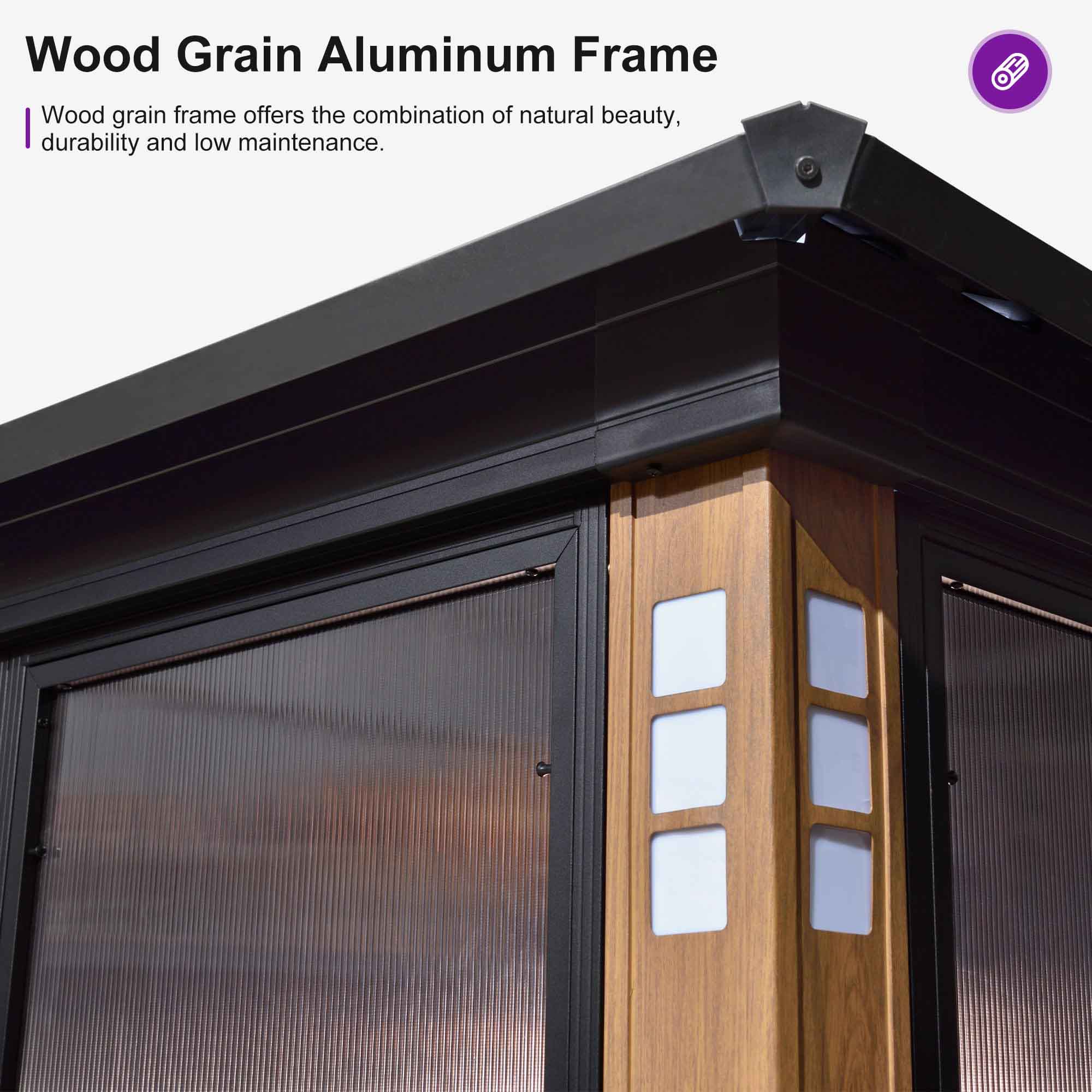 PURPLE LEAF Sunroom Hardtop Gazebo Solarium Wood Grain Galvanized Steel Double Roof All-Weather Aluminum Outdoor Screen House - Image 64