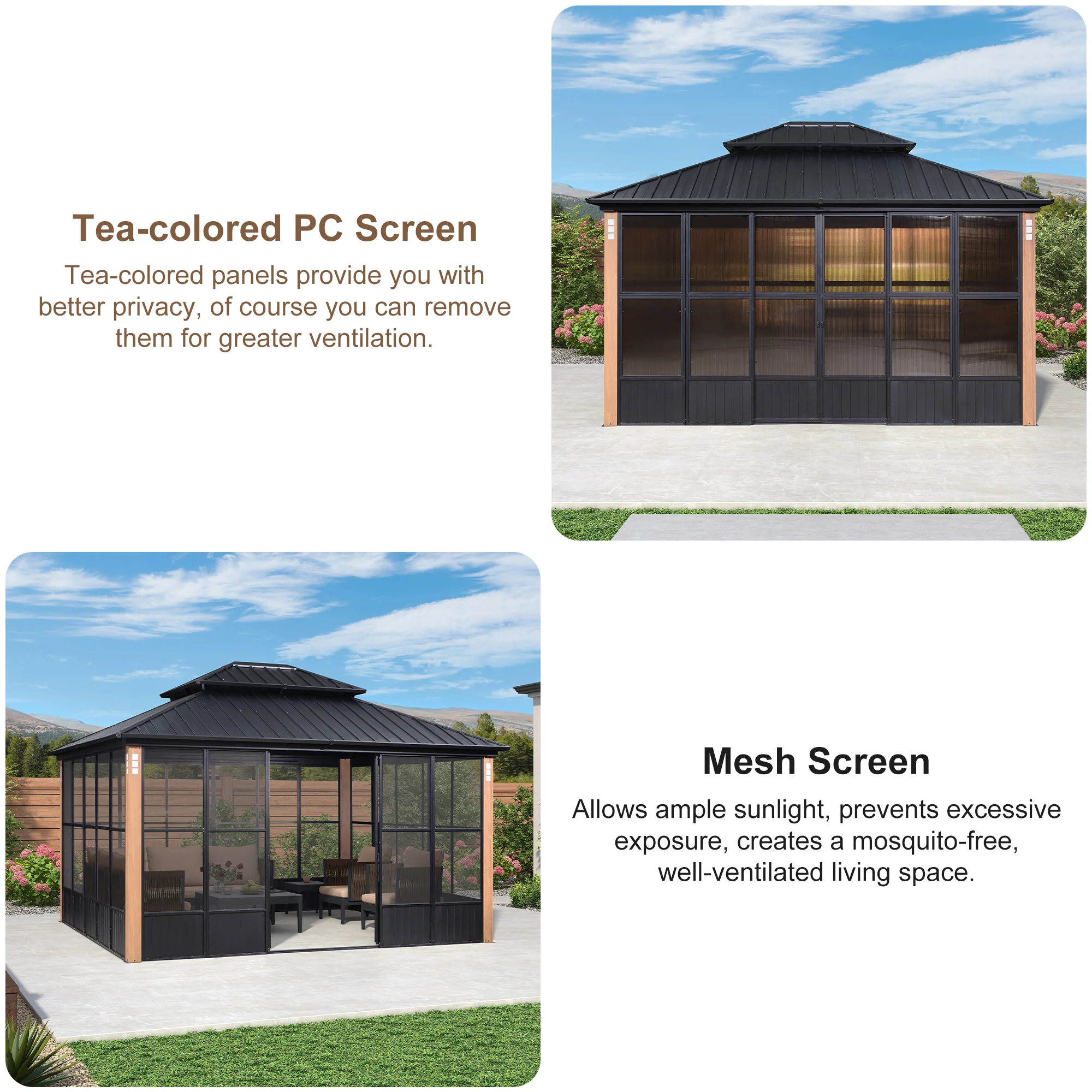 PURPLE LEAF Sunroom Hardtop Gazebo Solarium Wood Grain Galvanized Steel Double Roof All-Weather Aluminum Outdoor Screen House - Image 68