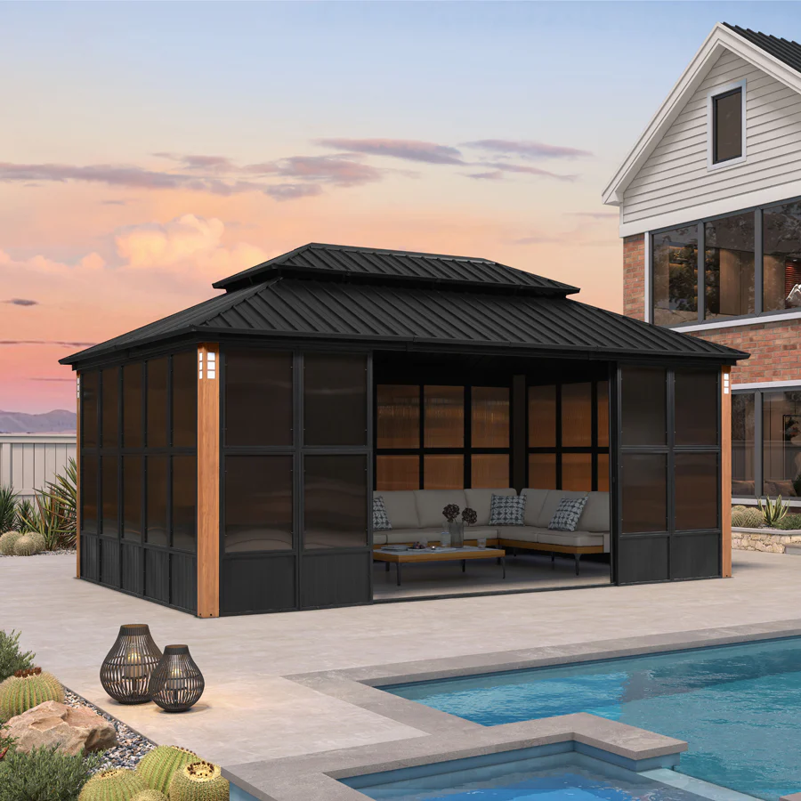 PURPLE LEAF Sunroom Hardtop Gazebo Solarium Wood Grain Galvanized Steel Double Roof All-Weather Aluminum Outdoor Screen House - Image 72