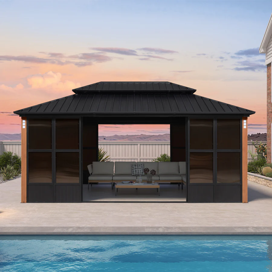 PURPLE LEAF Sunroom Hardtop Gazebo Solarium Wood Grain Galvanized Steel Double Roof All-Weather Aluminum Outdoor Screen House - Image 73