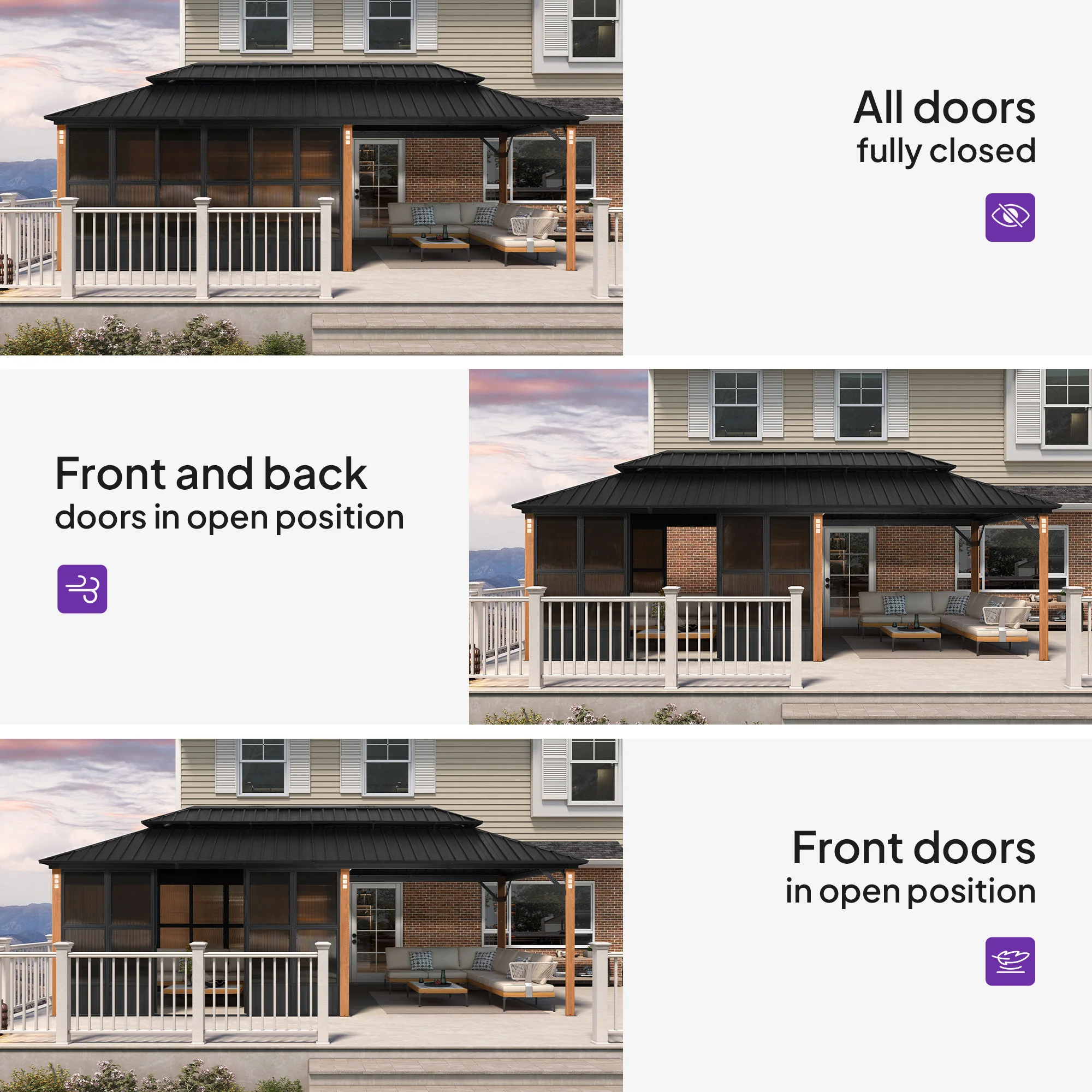 PURPLE LEAF Sunroom Hardtop Gazebo Solarium Wood Grain Galvanized Steel Double Roof All-Weather Aluminum Outdoor Screen House - Image 75
