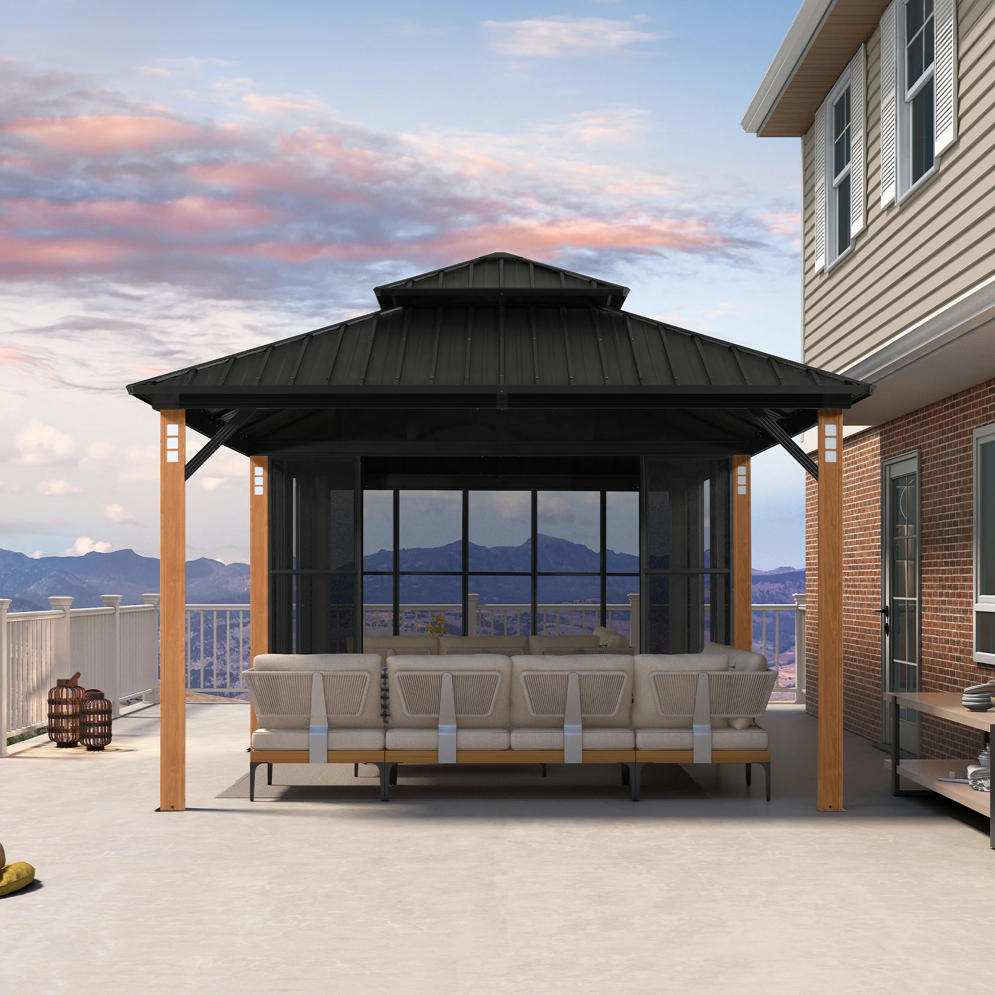 PURPLE LEAF Sunroom Hardtop Gazebo Solarium Wood Grain Galvanized Steel Double Roof All-Weather Aluminum Outdoor Screen House - Image 78