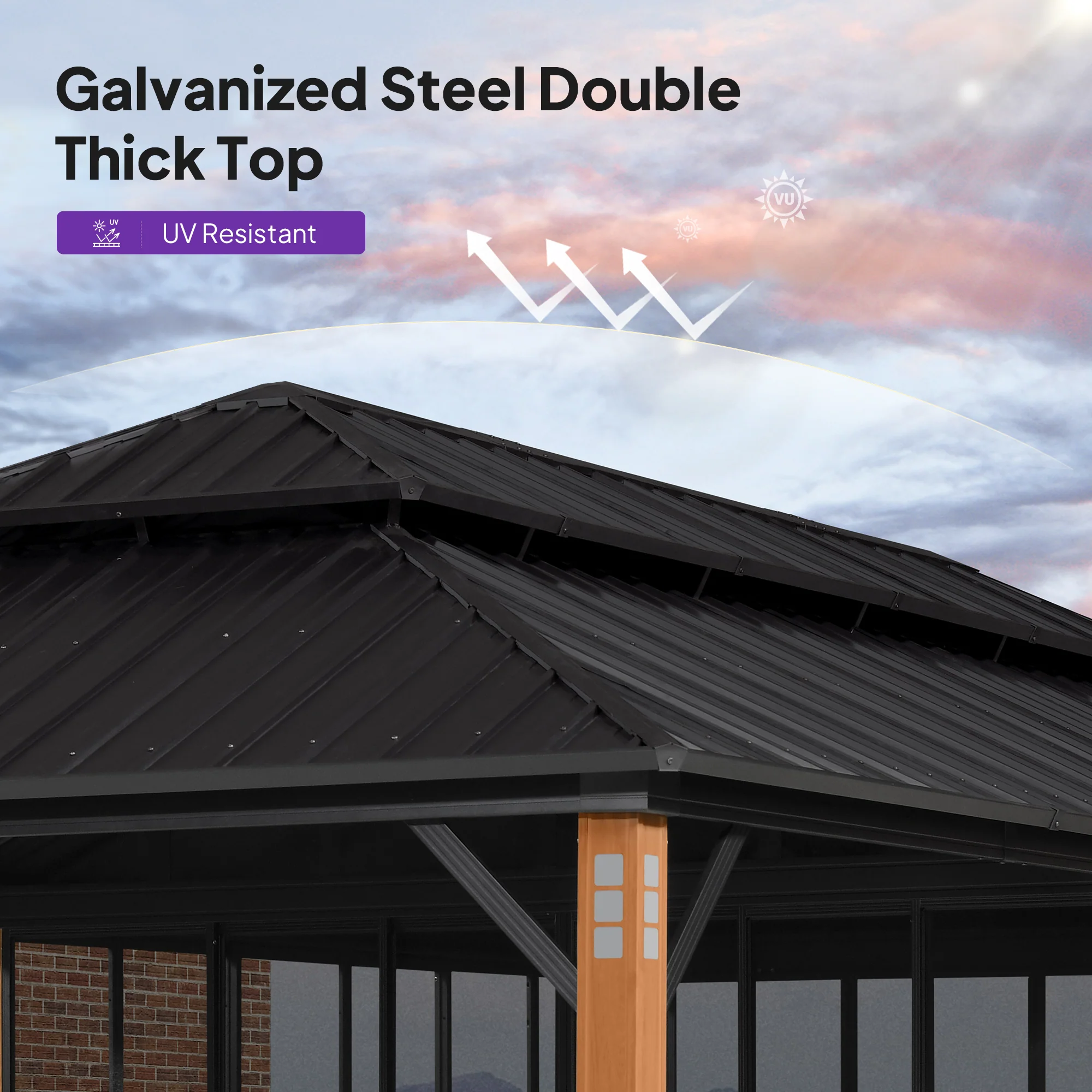 PURPLE LEAF Sunroom Hardtop Gazebo Solarium Wood Grain Galvanized Steel Double Roof All-Weather Aluminum Outdoor Screen House - Image 80