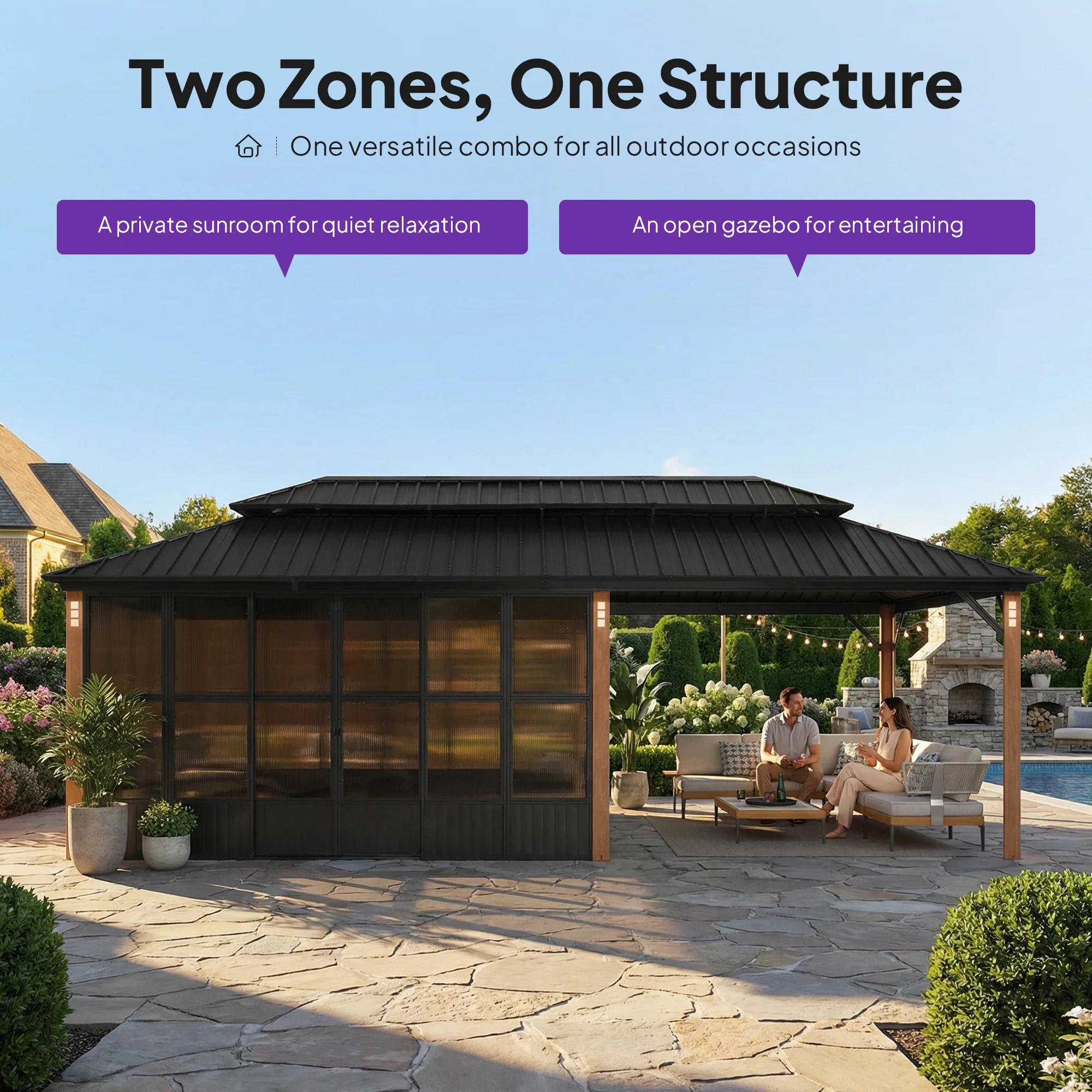 PURPLE LEAF Sunroom Hardtop Gazebo Solarium Wood Grain Galvanized Steel Double Roof All-Weather Aluminum Outdoor Screen House - Image 81