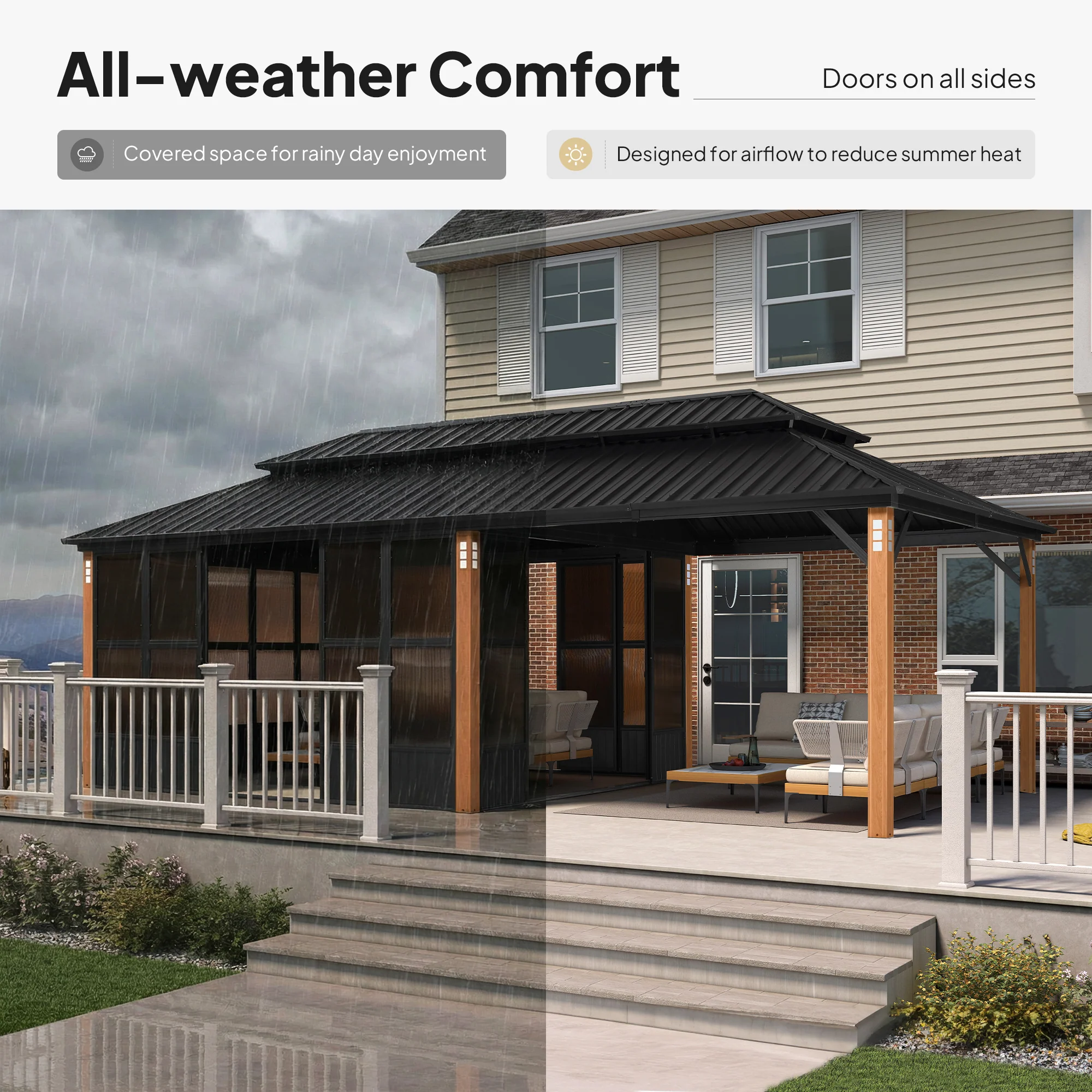 PURPLE LEAF Sunroom Hardtop Gazebo Solarium Wood Grain Galvanized Steel Double Roof All-Weather Aluminum Outdoor Screen House - Image 82