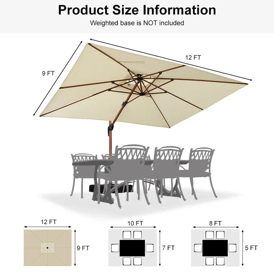 PURPLE LEAF 9 x 12 / 10 x 13 ft Rectangular Patio Umbrella Aluminum Cantilever Umbrella in Wood Color - Image 133