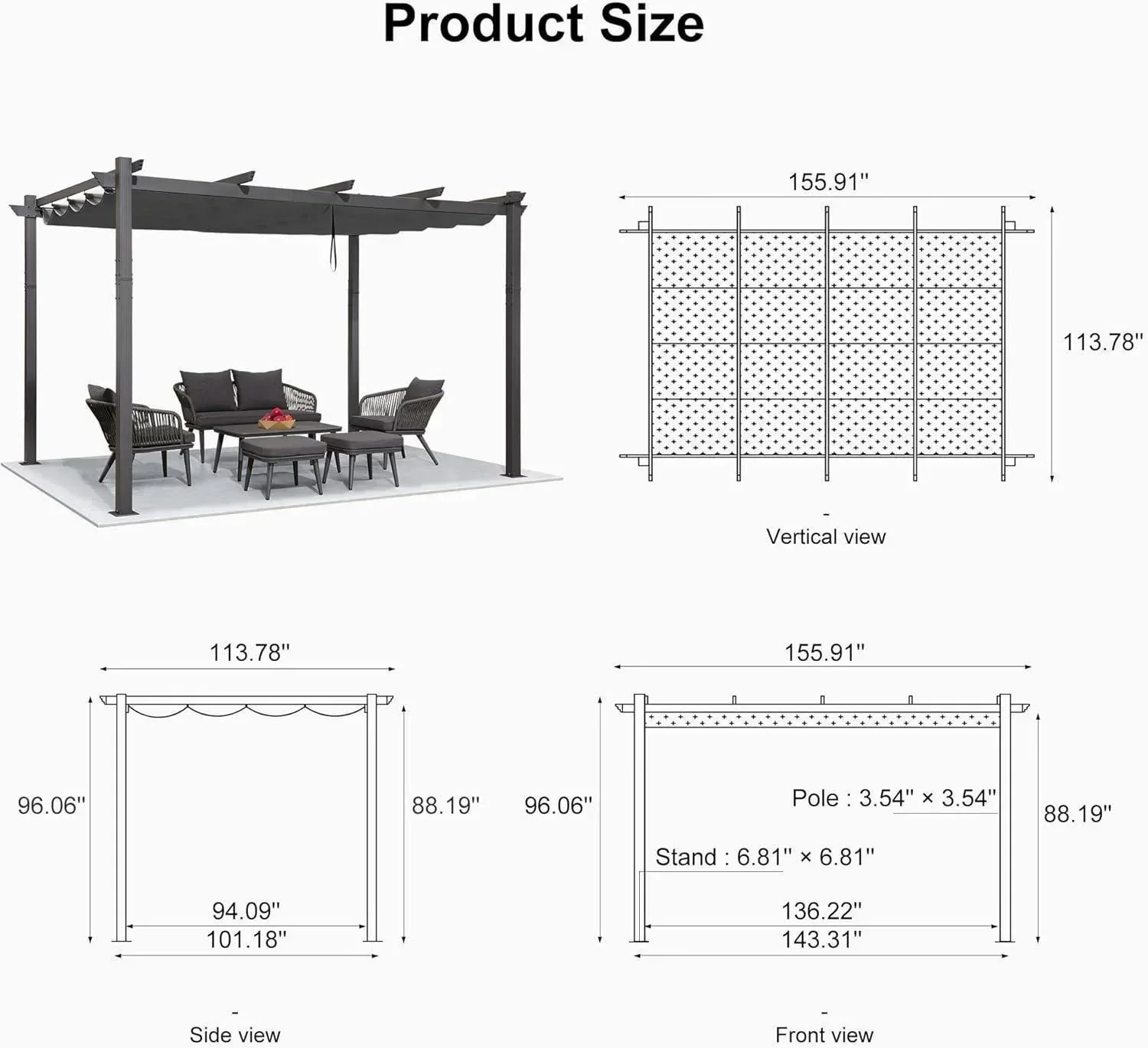 PURPLE LEAF Outdoor Pergola with Retractable Canopy Aluminum Shelter for Porch Garden  Beach Shade Pavilion Pergola Modern Backyard Deck - Image 203