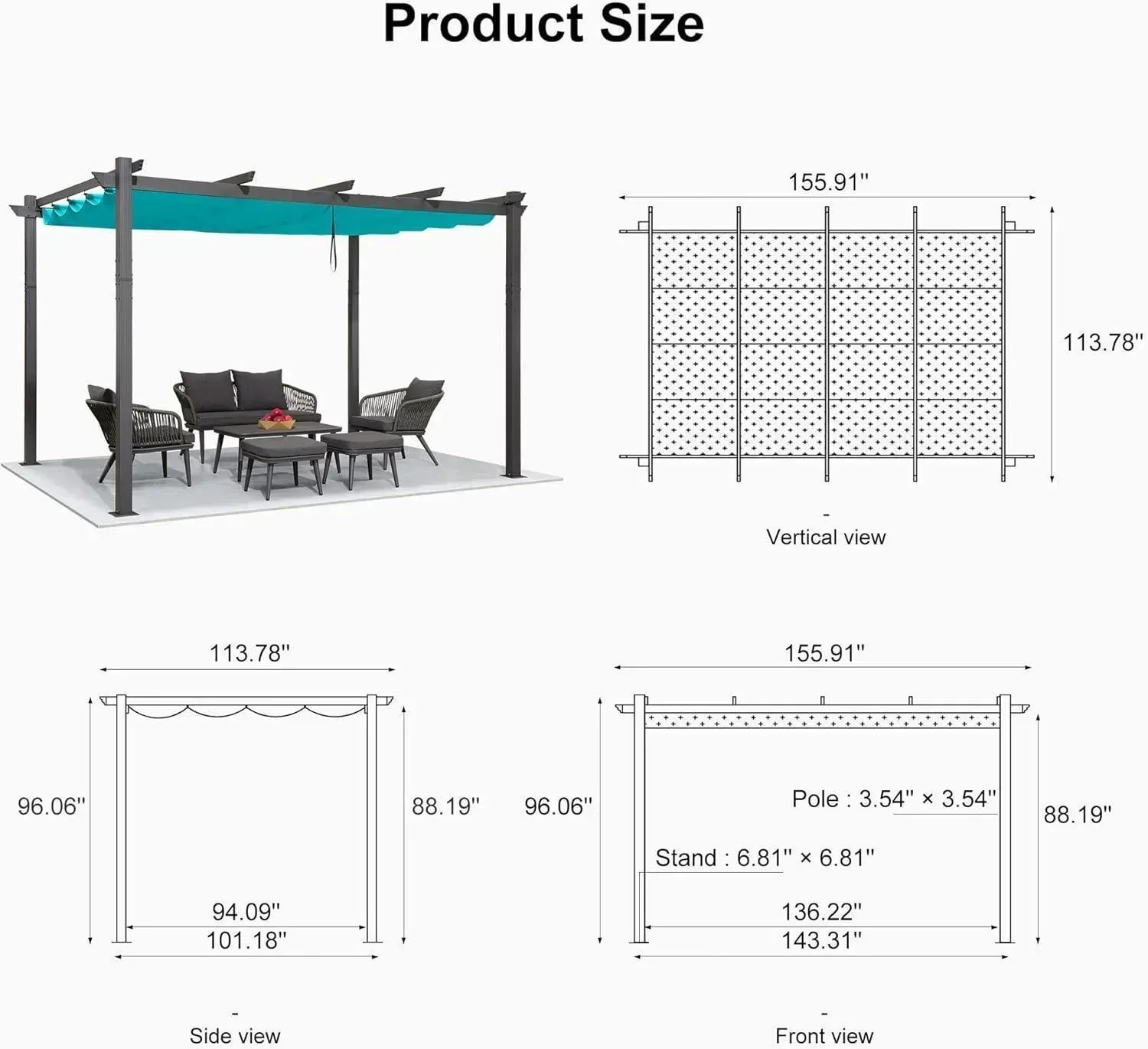 PURPLE LEAF Outdoor Pergola with Retractable Canopy Aluminum Shelter for Porch Garden  Beach Shade Pavilion Pergola Modern Backyard Deck - Image 204