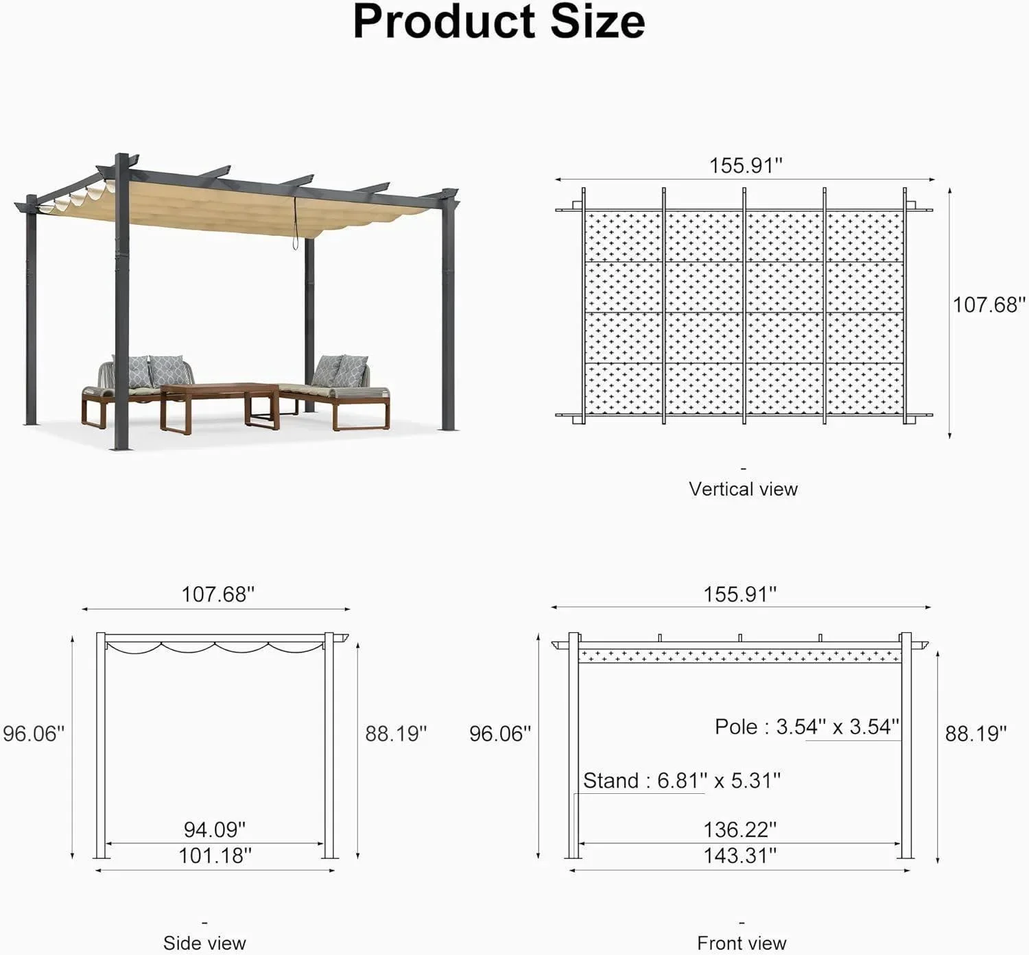 PURPLE LEAF Outdoor Pergola with Retractable Canopy Aluminum Shelter for Porch Garden  Beach Shade Pavilion Pergola Modern Backyard Deck - Image 207