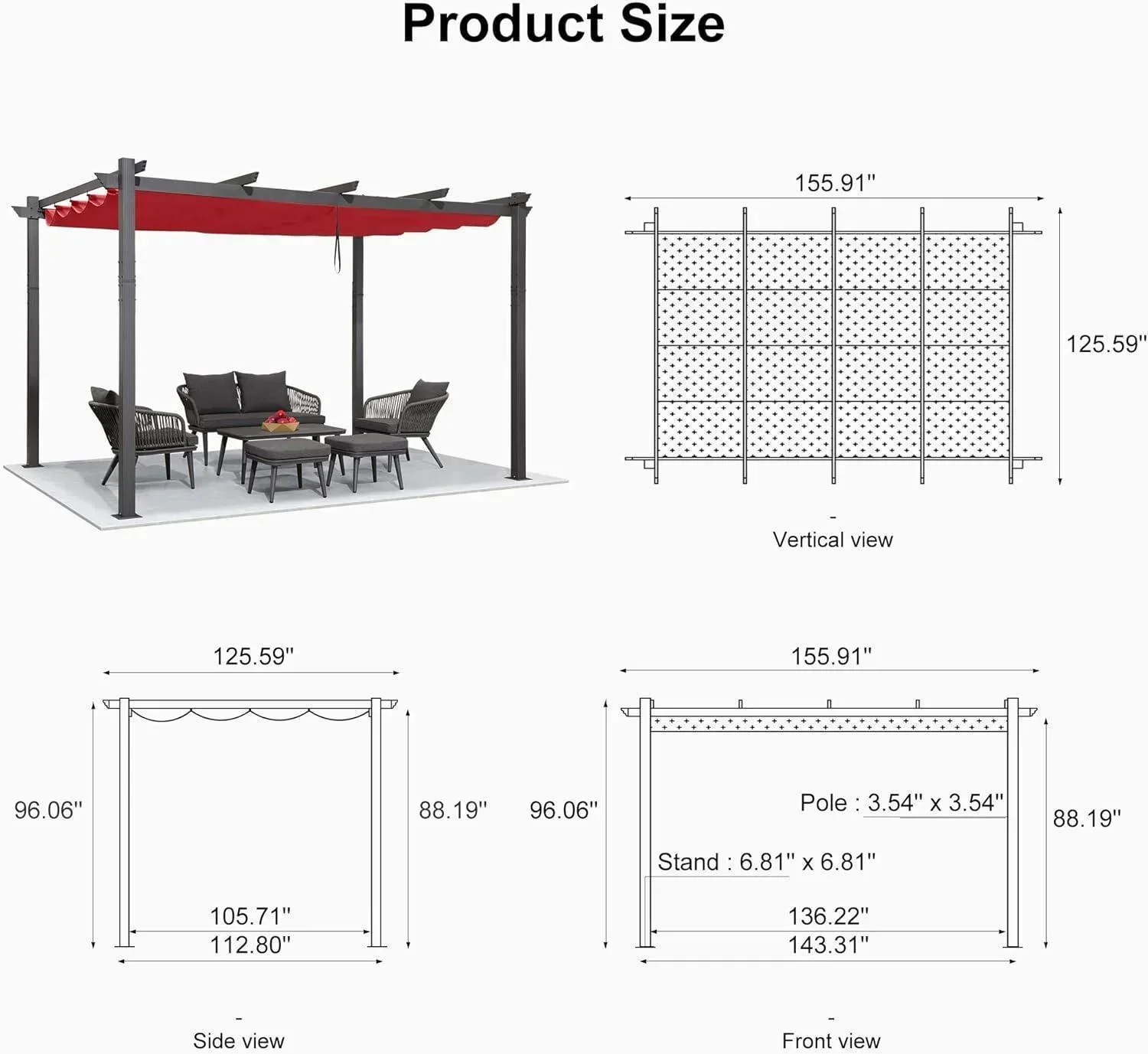 PURPLE LEAF Outdoor Pergola with Retractable Canopy Aluminum Shelter for Porch Garden  Beach Shade Pavilion Pergola Modern Backyard Deck - Image 209