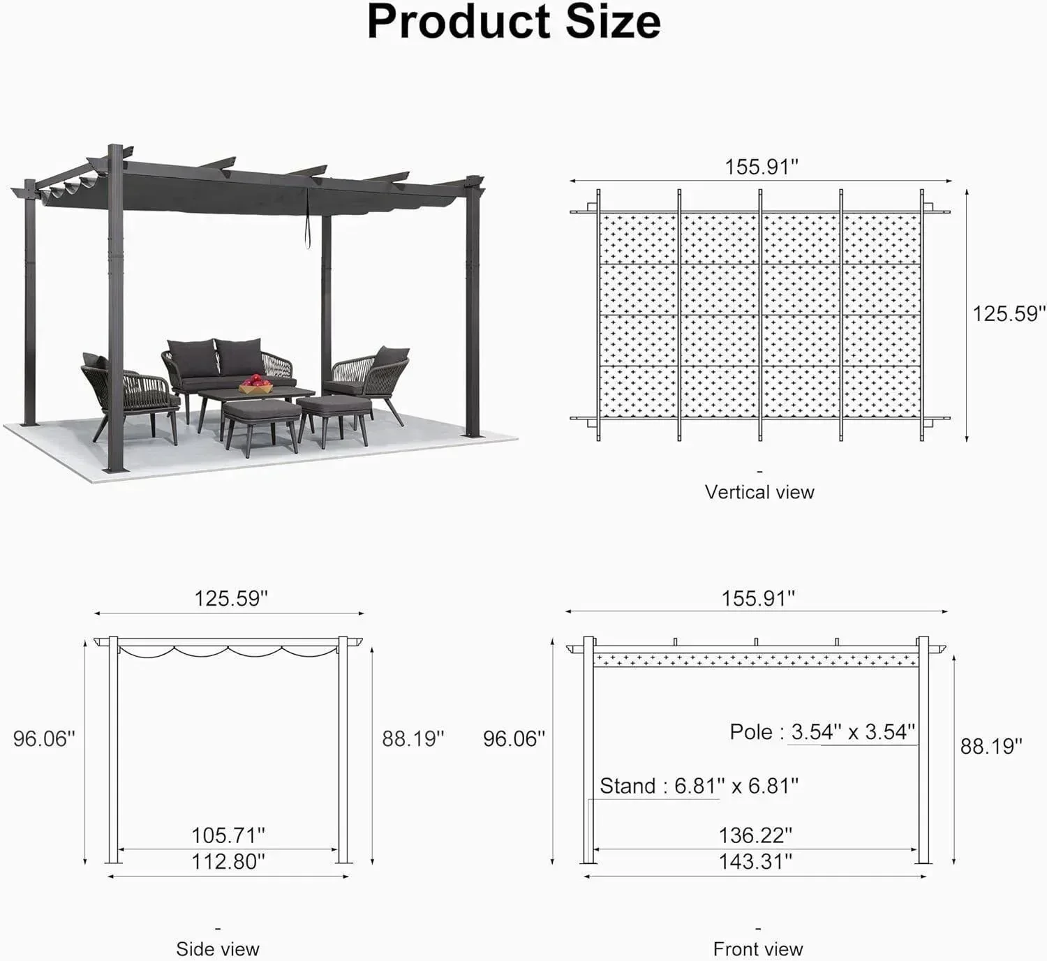 PURPLE LEAF Outdoor Pergola with Retractable Canopy Aluminum Shelter for Porch Garden  Beach Shade Pavilion Pergola Modern Backyard Deck - Image 212