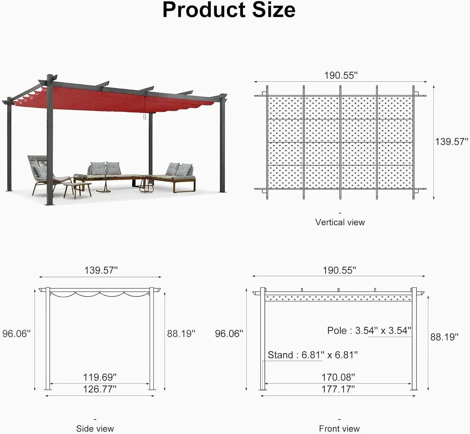 PURPLE LEAF Outdoor Pergola with Retractable Canopy Aluminum Shelter for Porch Garden  Beach Shade Pavilion Pergola Modern Backyard Deck - Image 213
