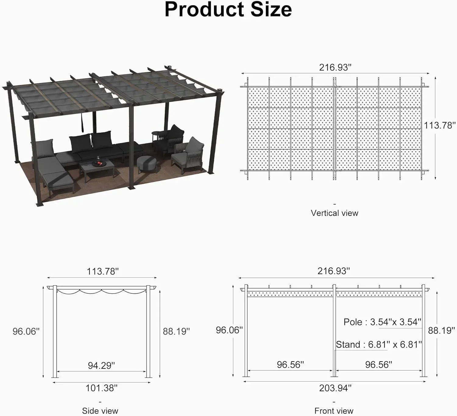 PURPLE LEAF Outdoor Pergola with Retractable Canopy Aluminum Shelter for Porch Garden  Beach Shade Pavilion Pergola Modern Backyard Deck - Image 218