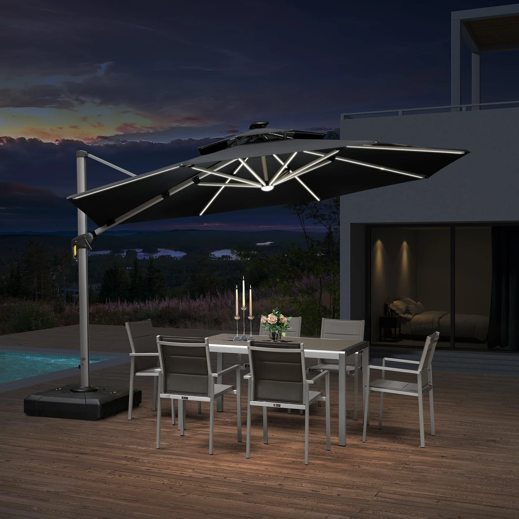 PURPLE LEAF Round Solar Lighted Cantilever Umbrella Outside Patio Umbrella with Lights - Image 129