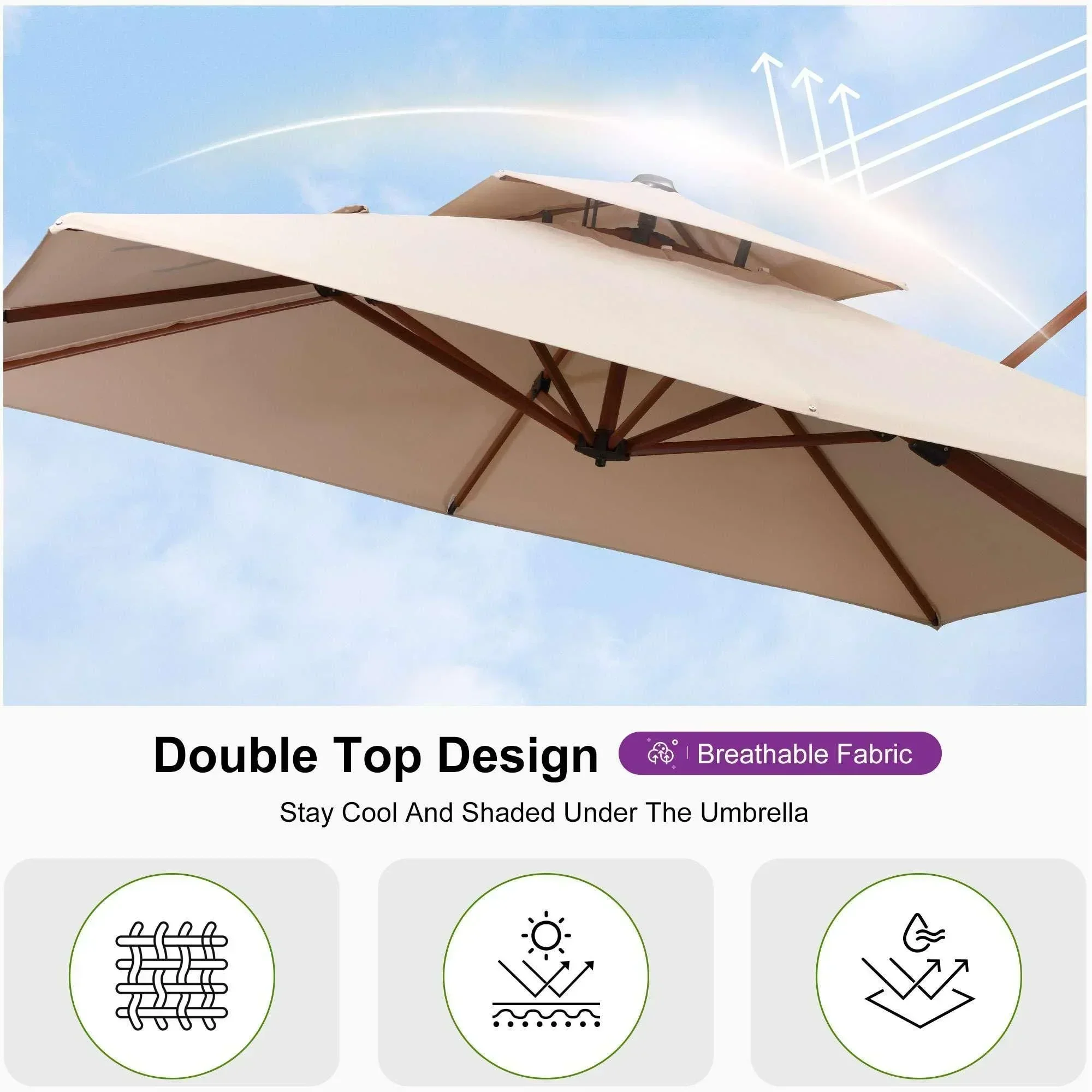 PURPLE LEAF Double Top 9 / 10 / 11 / 12 ft Square Aluminum Sun Umbrellas in Wood Color - Image 129
