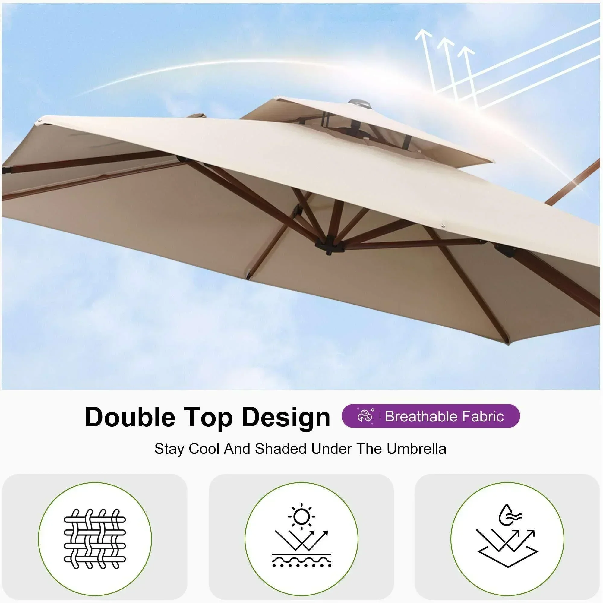 PURPLE LEAF Double Top 9 / 10 / 11 / 12 ft Square Aluminum Sun Umbrellas in Wood Color - Image 141