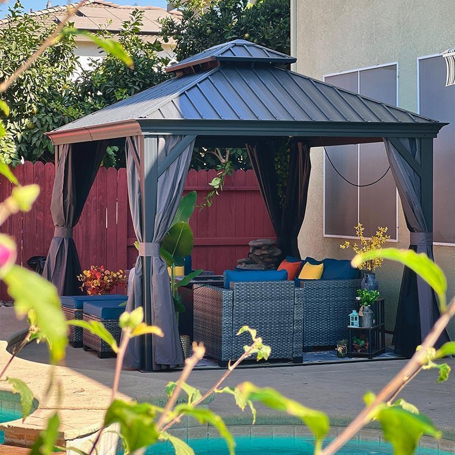 PURPLE LEAF Patio Gazebo for Backyard Grey Hardtop Galvanized Steel Roof Awning with Upgrade Curtain - Image 101