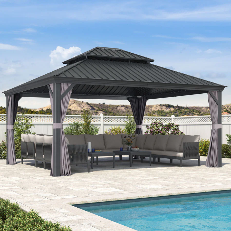 PURPLE LEAF Patio Gazebo for Backyard Grey Hardtop Galvanized Steel Roof Awning with Upgrade Curtain - Image 118