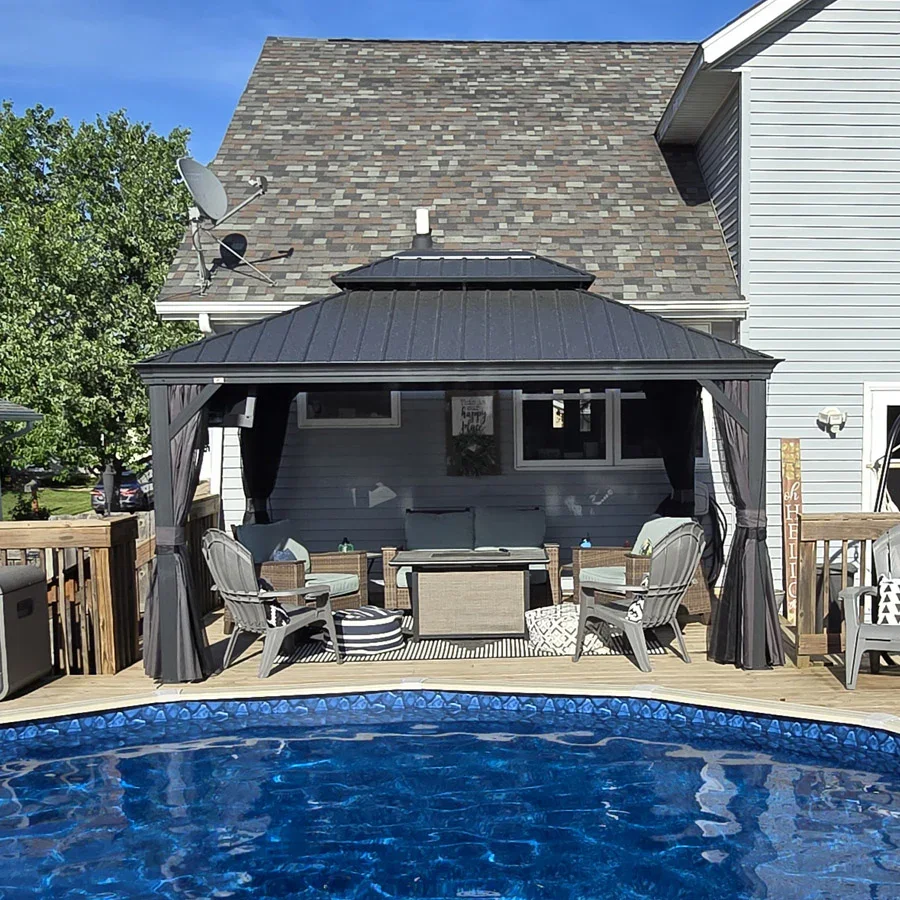 PURPLE LEAF Patio Gazebo for Backyard Grey Hardtop Galvanized Steel Roof Awning with Upgrade Curtain - Image 135