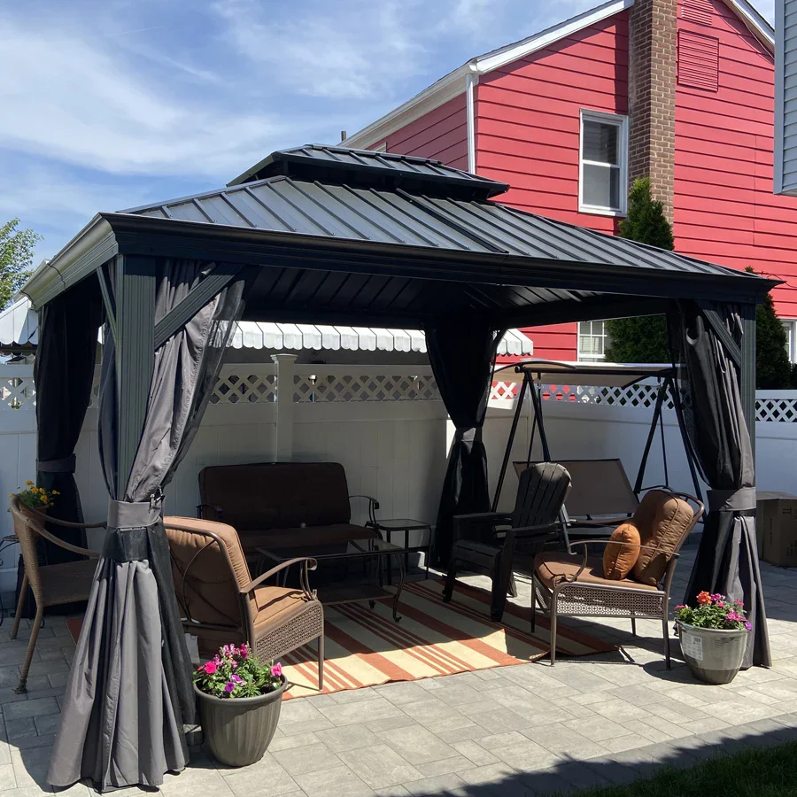 PURPLE LEAF Patio Gazebo for Backyard Grey Hardtop Galvanized Steel Roof Awning with Upgrade Curtain - Image 136