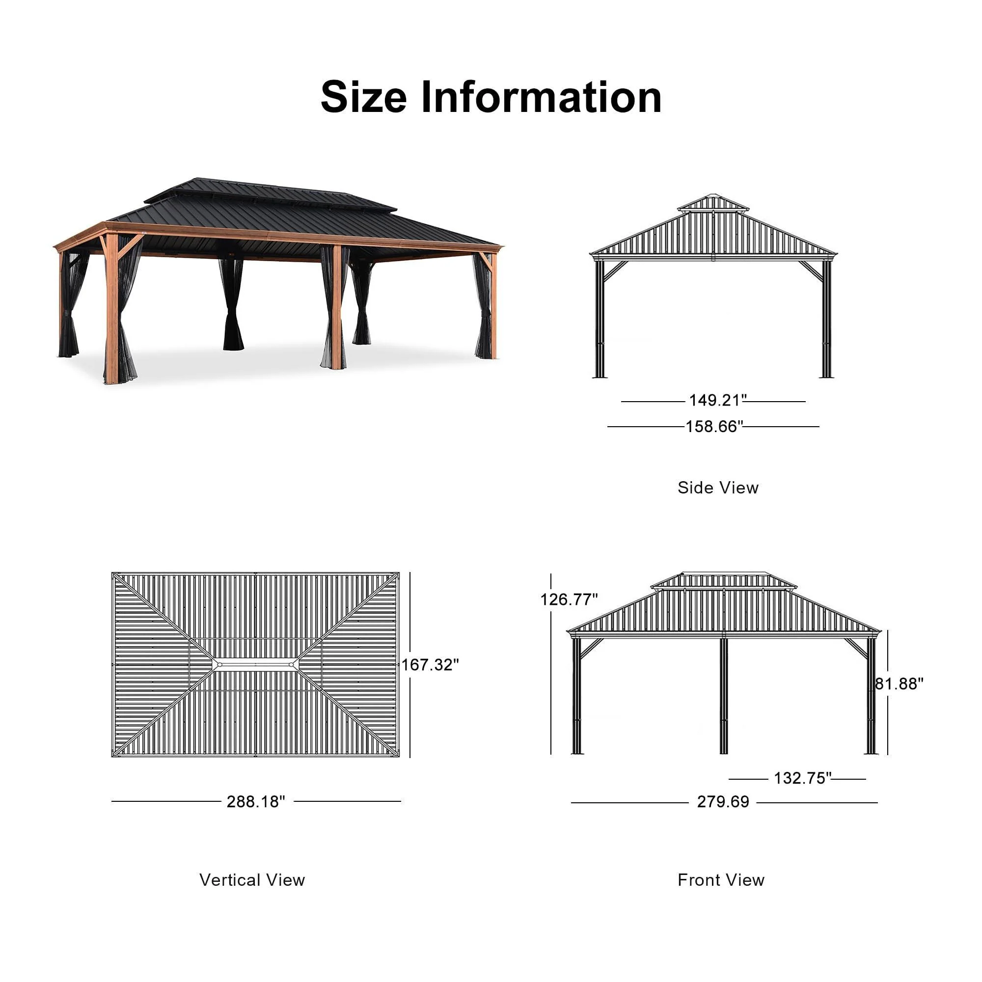 PURPLE LEAF Hardtop Gazebo for Patio Wood Grain Galvanized Steel Frame Awning with Netting - Image 103