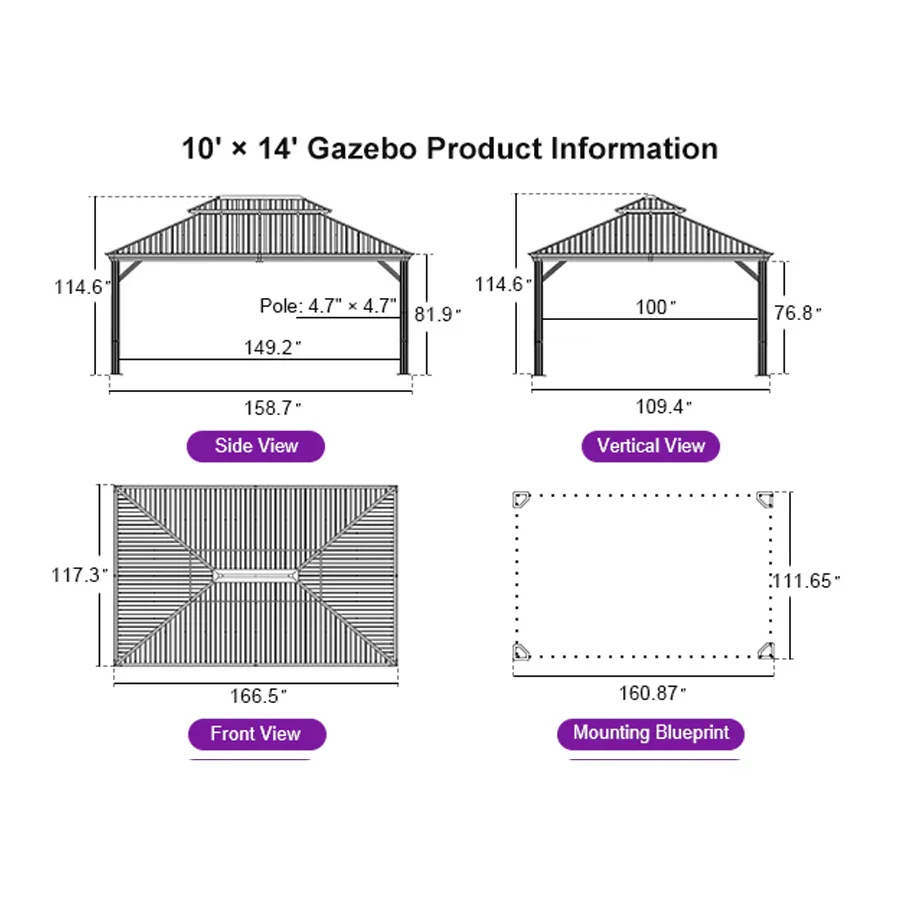 PURPLE LEAF Hardtop Gazebo for Patio Wood Grain Galvanized Steel Frame Awning with Netting - Image 107