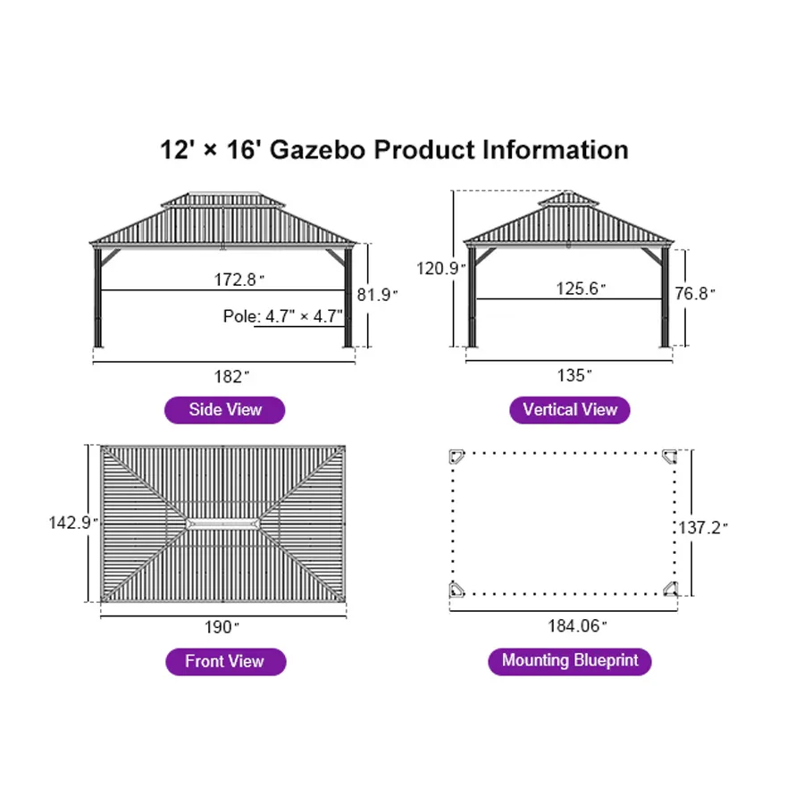 PURPLE LEAF Hardtop Gazebo for Patio Wood Grain Galvanized Steel Frame Awning with Netting - Image 109